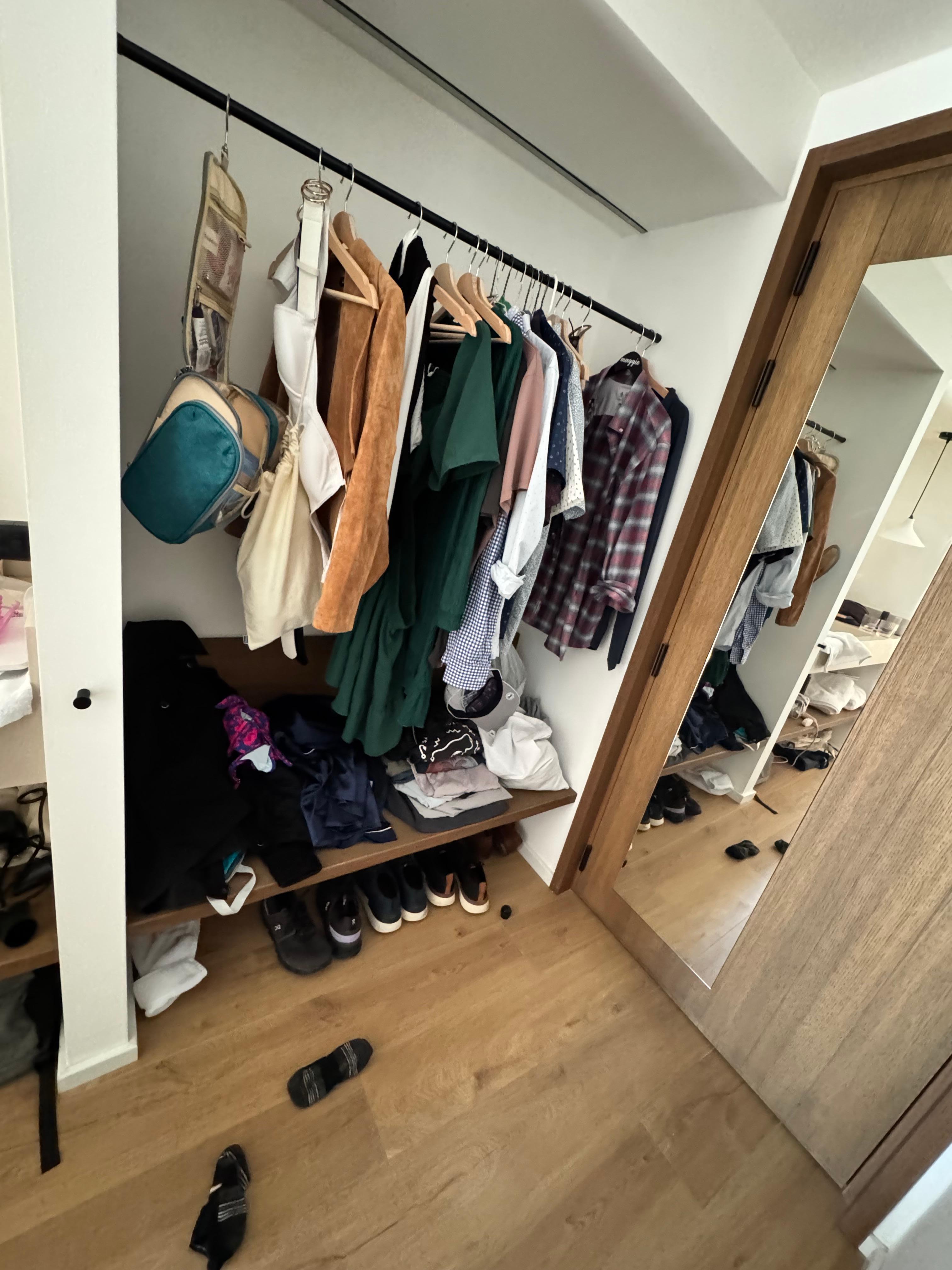 No drawers, so your clothing is a mess on a shelf 