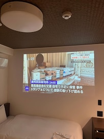 写真左上の白い丸いのがAladdinのプロジェクター。
壁いっぱいに画面が広がり、見やすい。