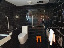 Bathroom with toilet, shower and sink in one space.
