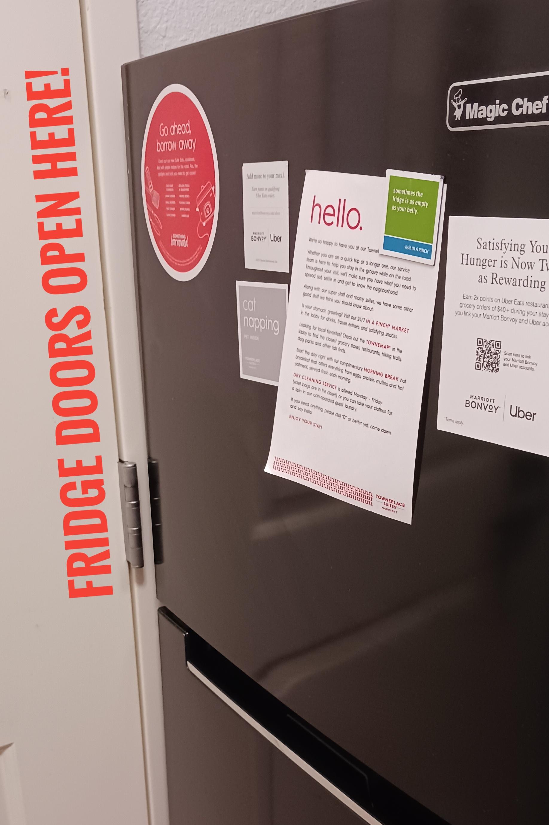 Annoying that fridge door was crammed against door to hall making it difficult to access. Doors are easily reversible on fridge, but hotel was to lazy to reverse door on fridge.