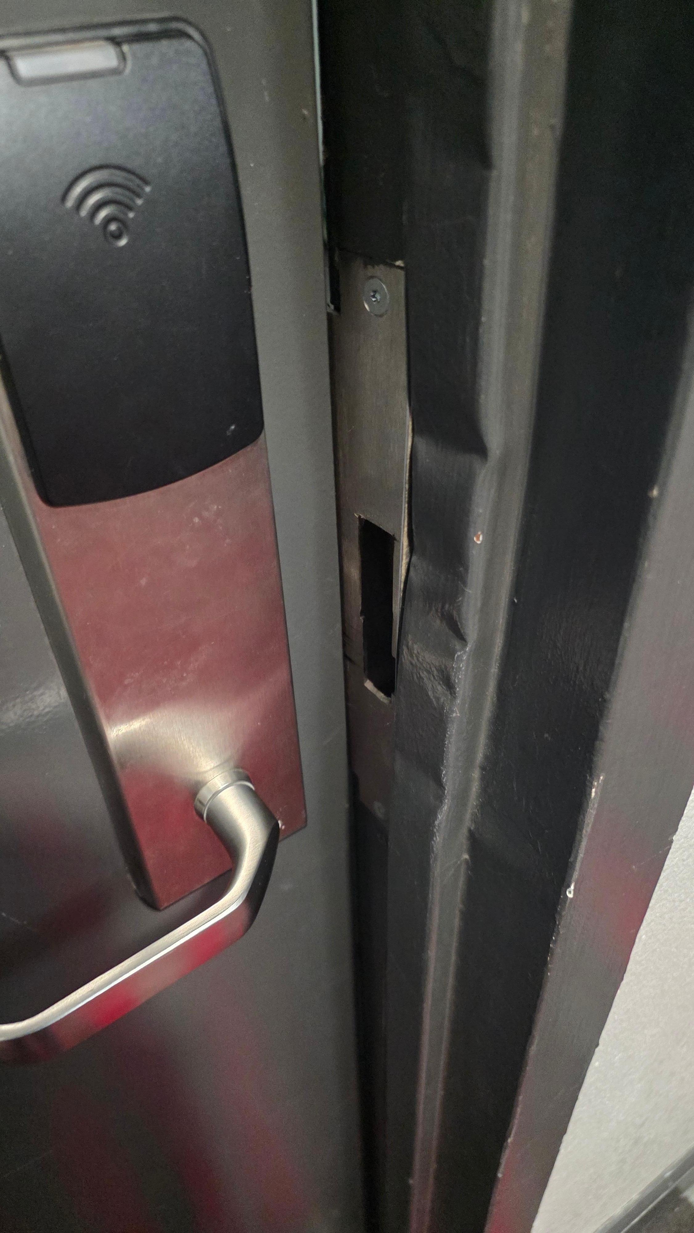 Broken door frame showing entry with out key. 