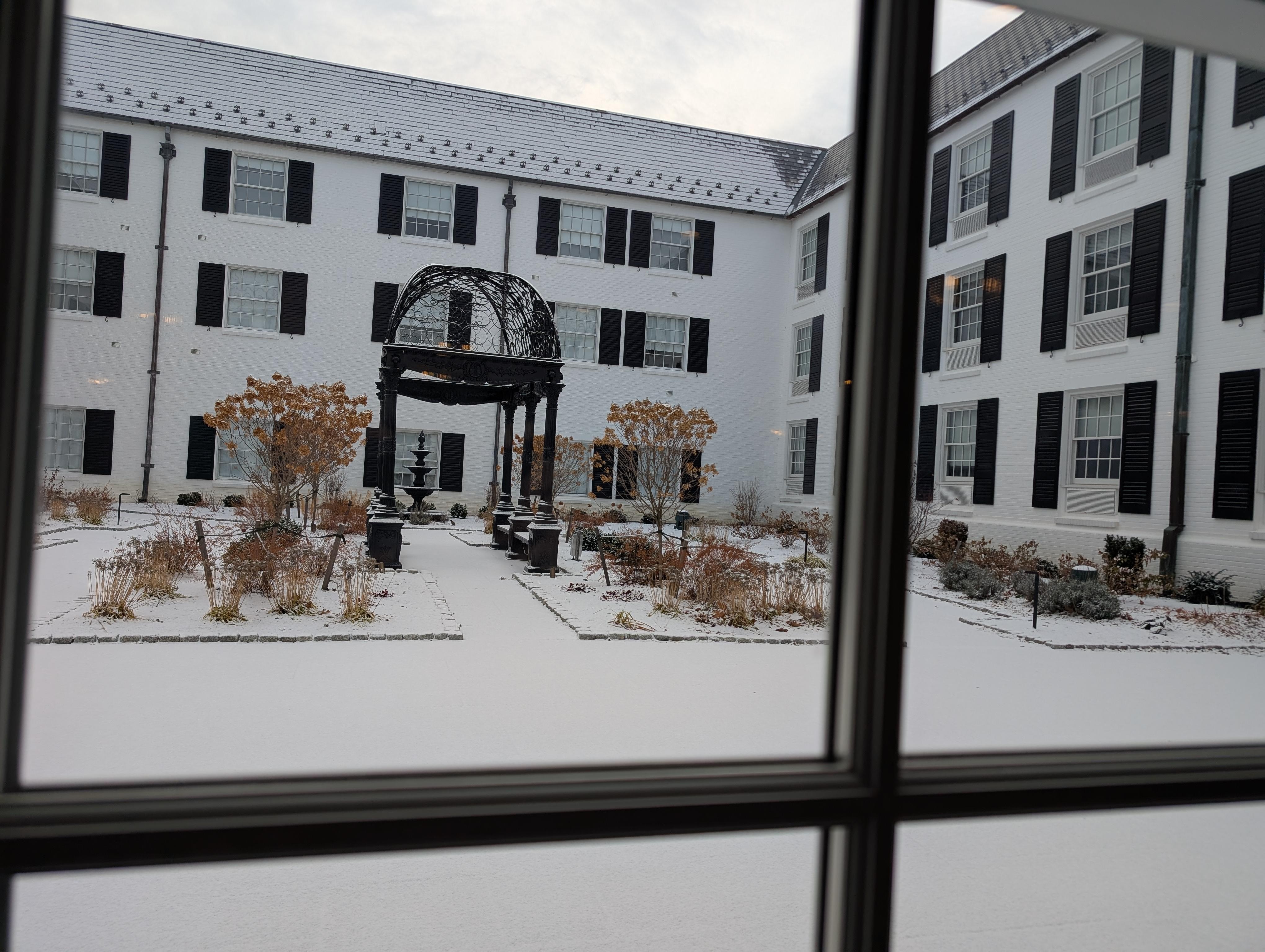 View of the snow-covered courtyard from the hotel lobby.