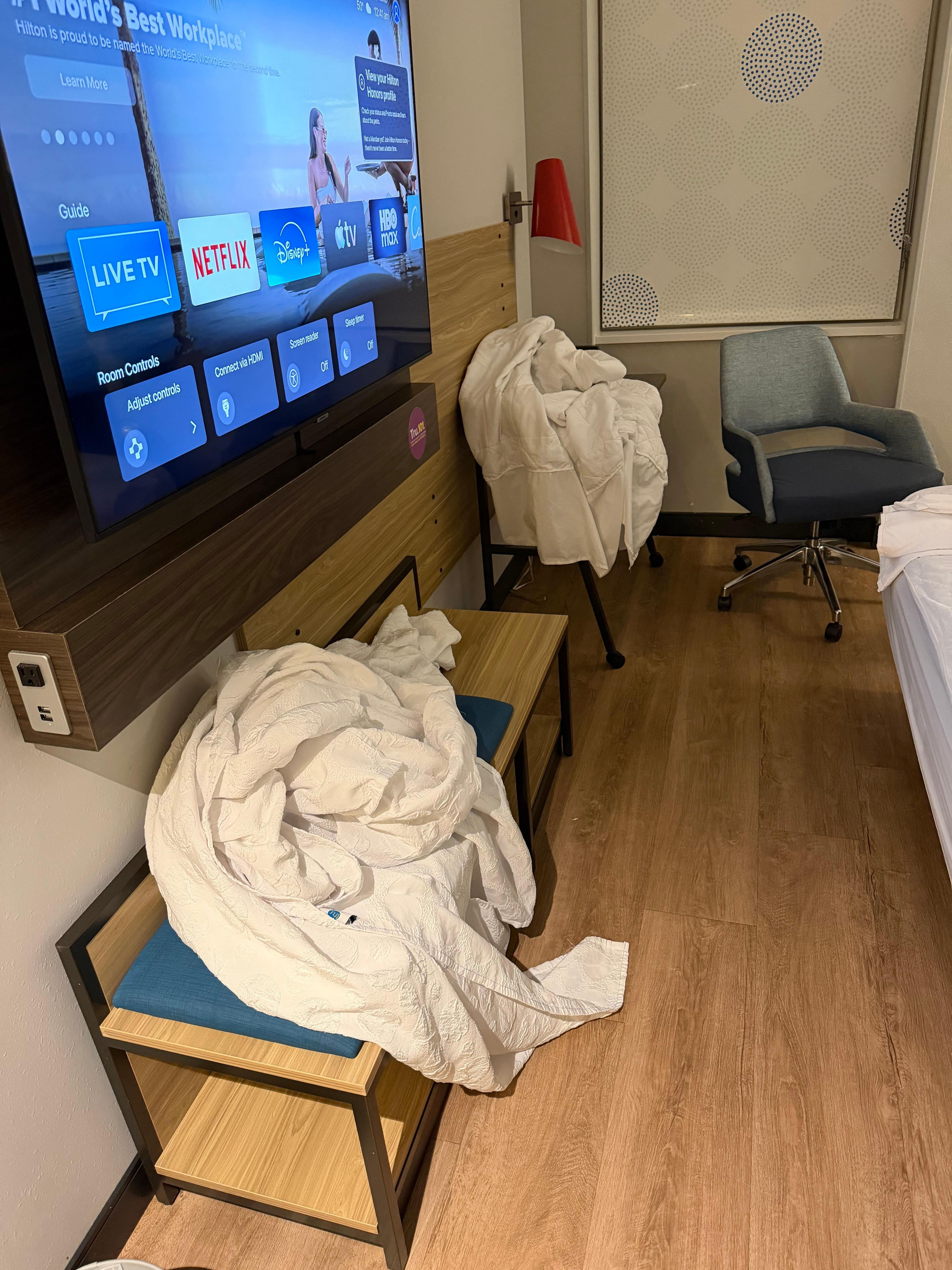 Room when we arrived, no bed made, dirty linens everywhere 