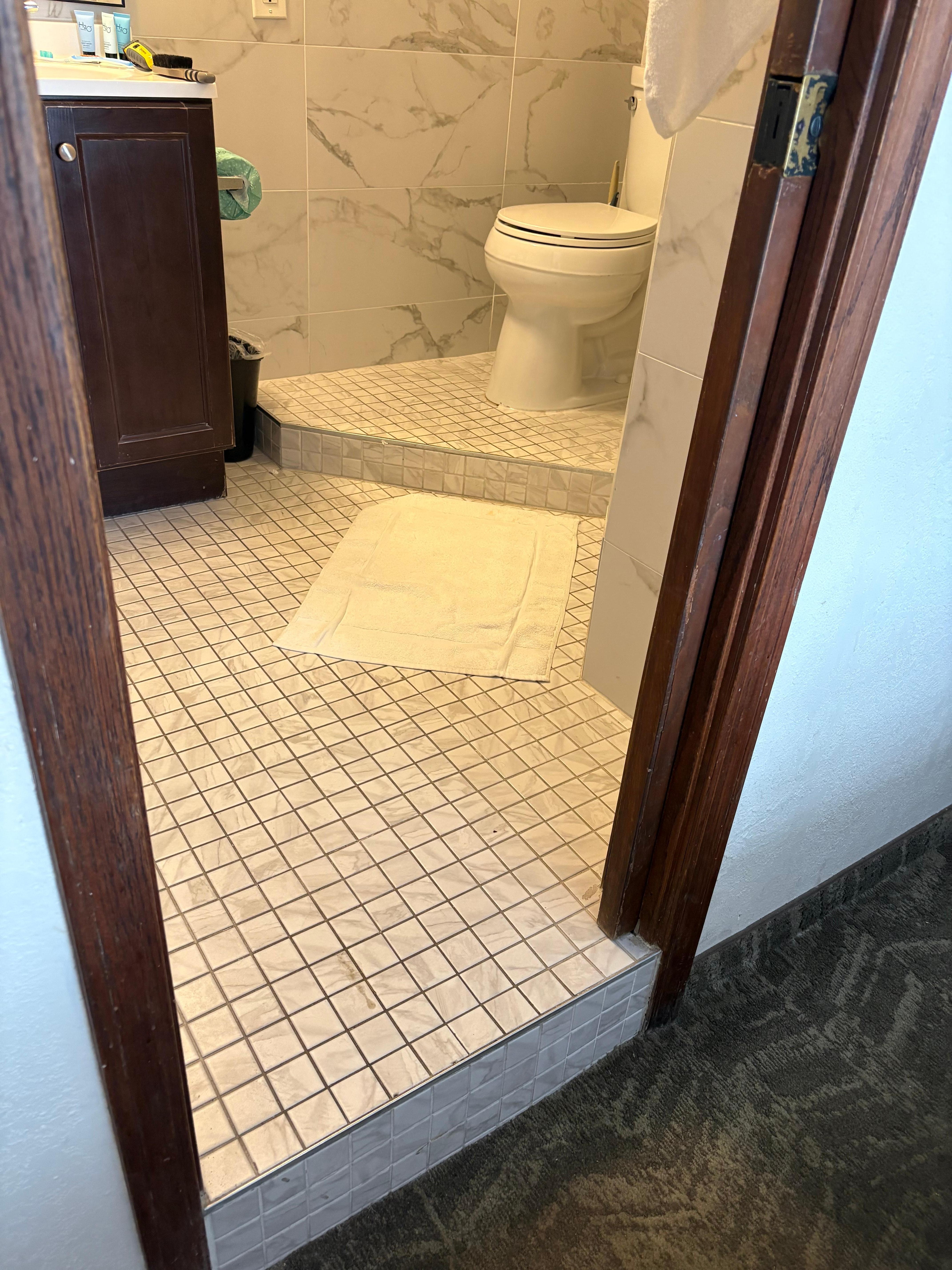 Multi level flooring in bathroom and pocket door that doesn’t secure.