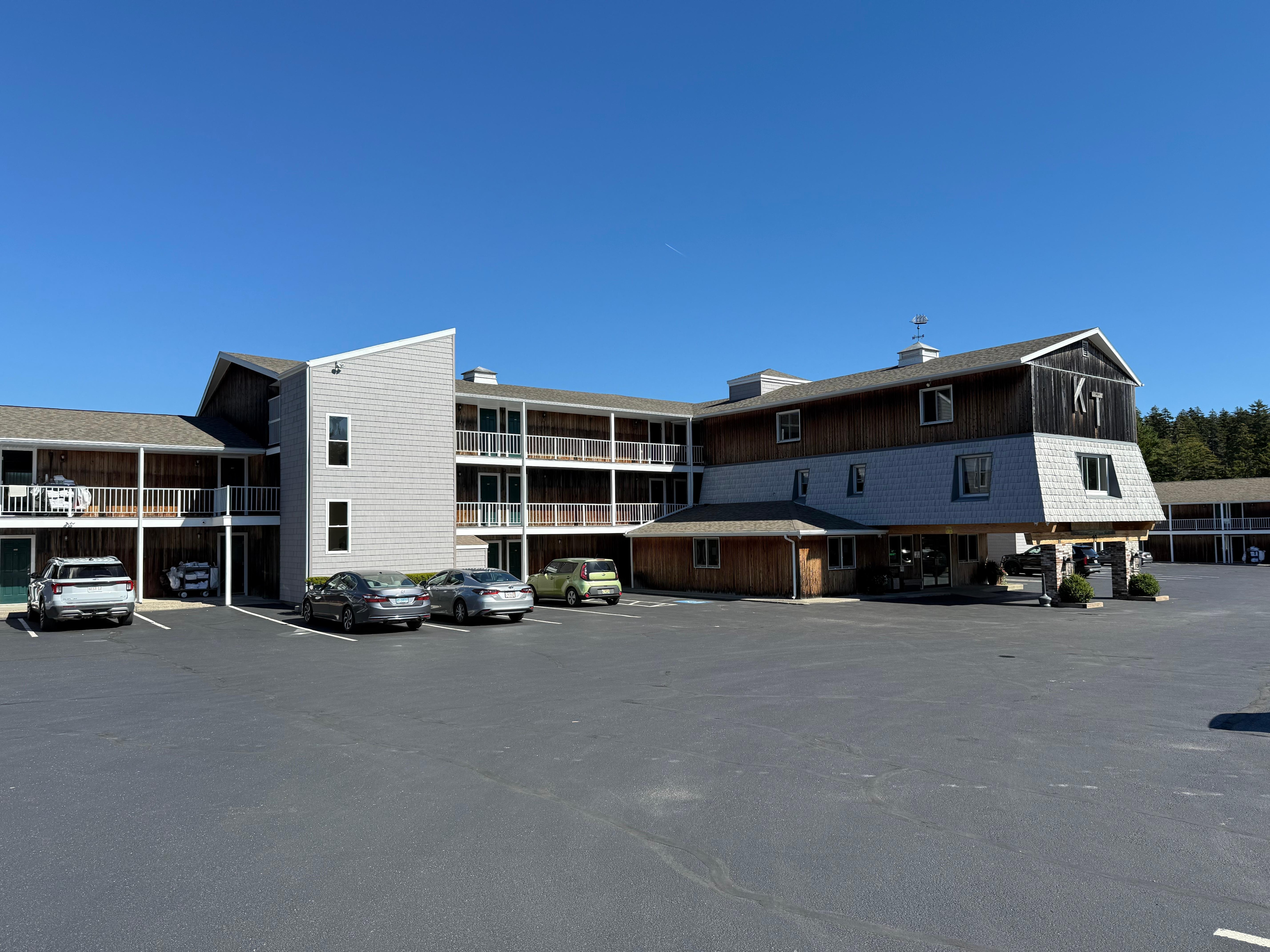 The view of the hotel.  Lobby open 24/7 for access to coffee and the microwave.