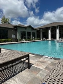 Pool - the gym is the building on the left, commons on the right.