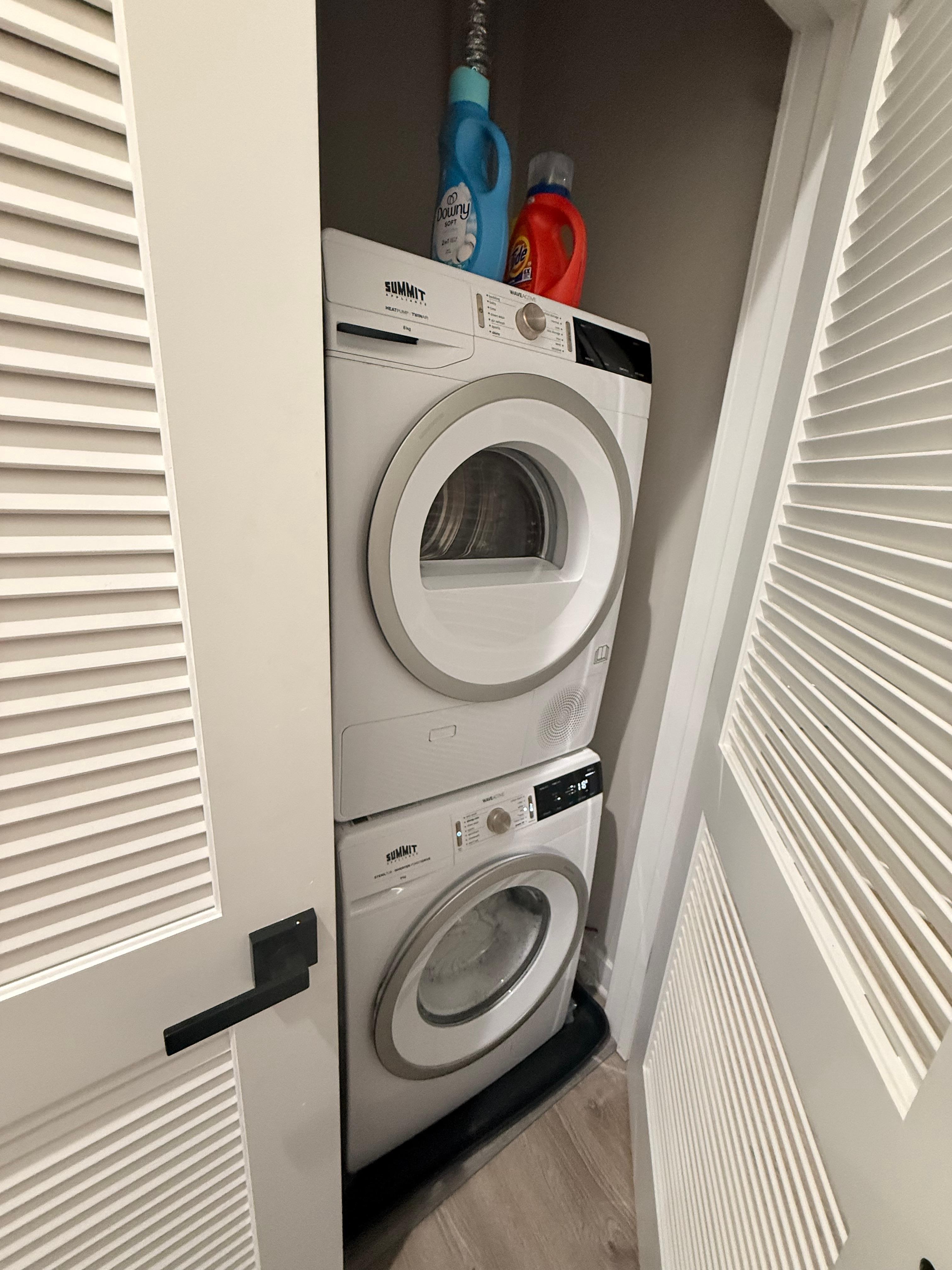 Stackable W/D unit. Top left is water reservoir that needs to be dumped every 2-3 loads. 