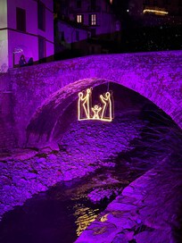 The bridge leading to Dream Holiday at night in early January.