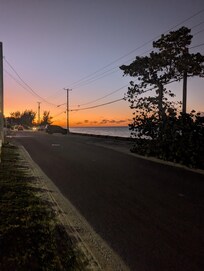 The walk from the driveway to Travelers By The Sea to eat dinner. This was really convient and food was so good we ate dinner twice there and once for breakfast. There is a nice Mexican restruant beside it as well but didn't get to try it.