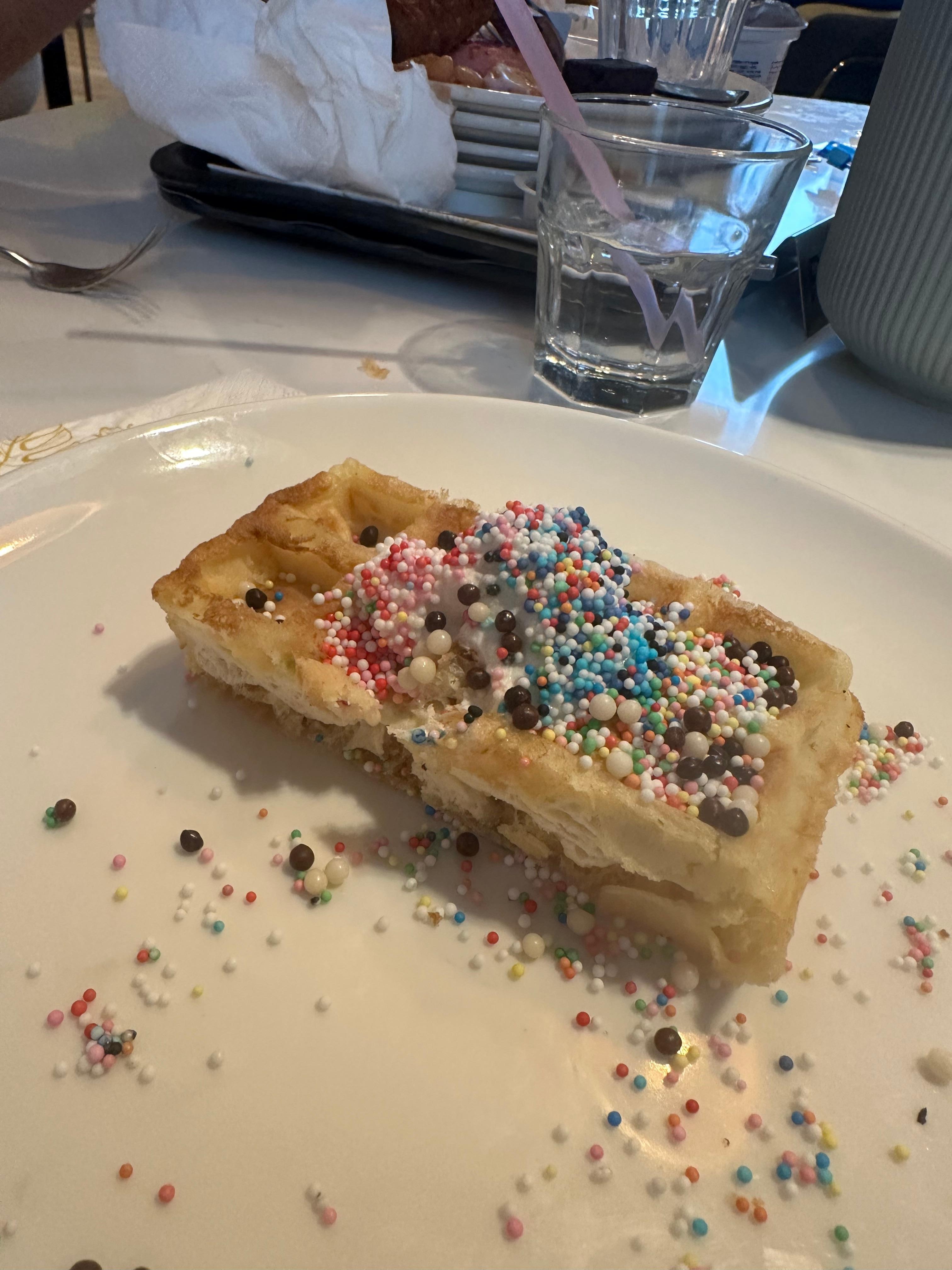 Waffles with sprinkles and whipped cream were a hit for the kids. 