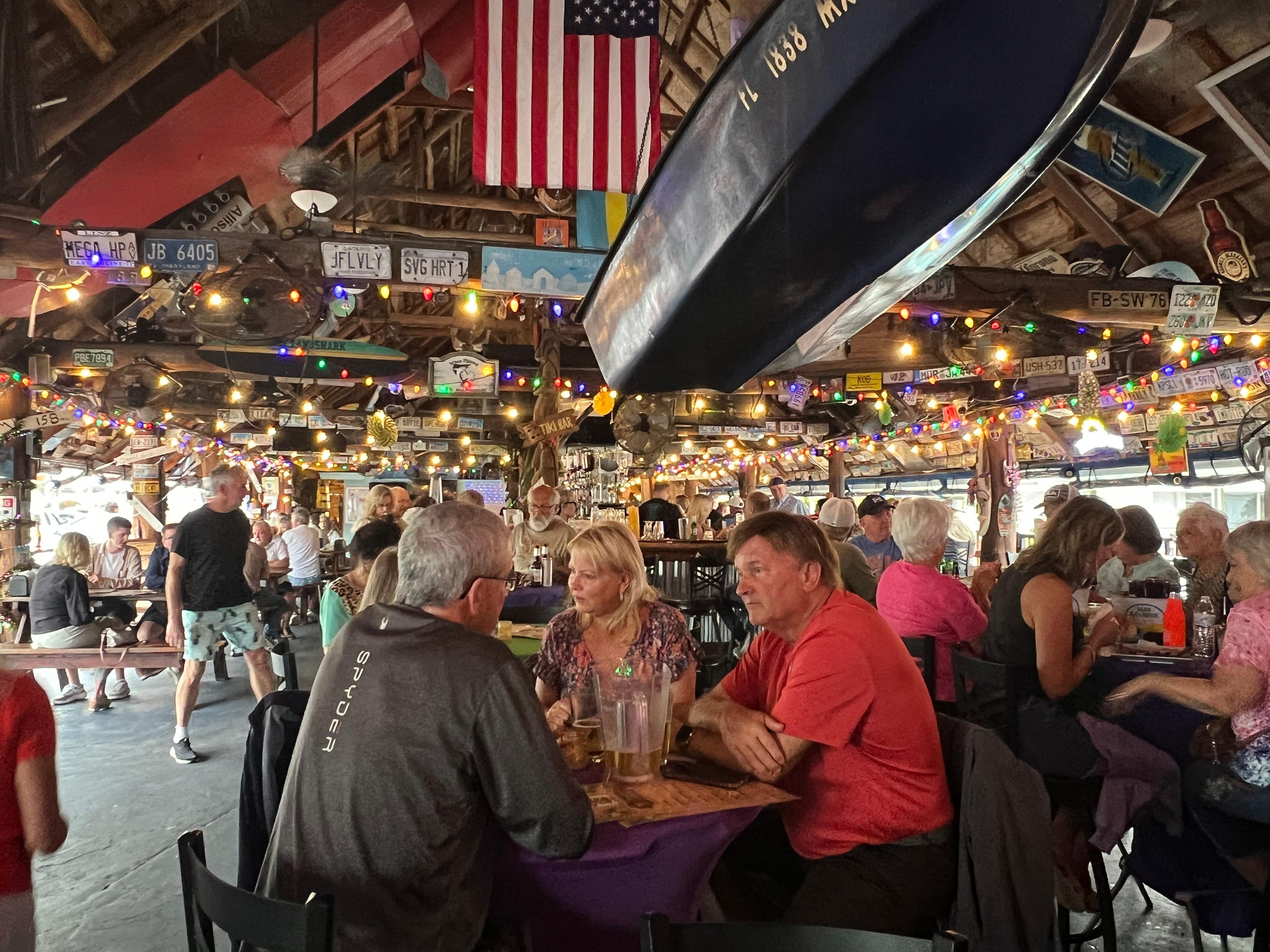 Tiki bar with live band on weekends.