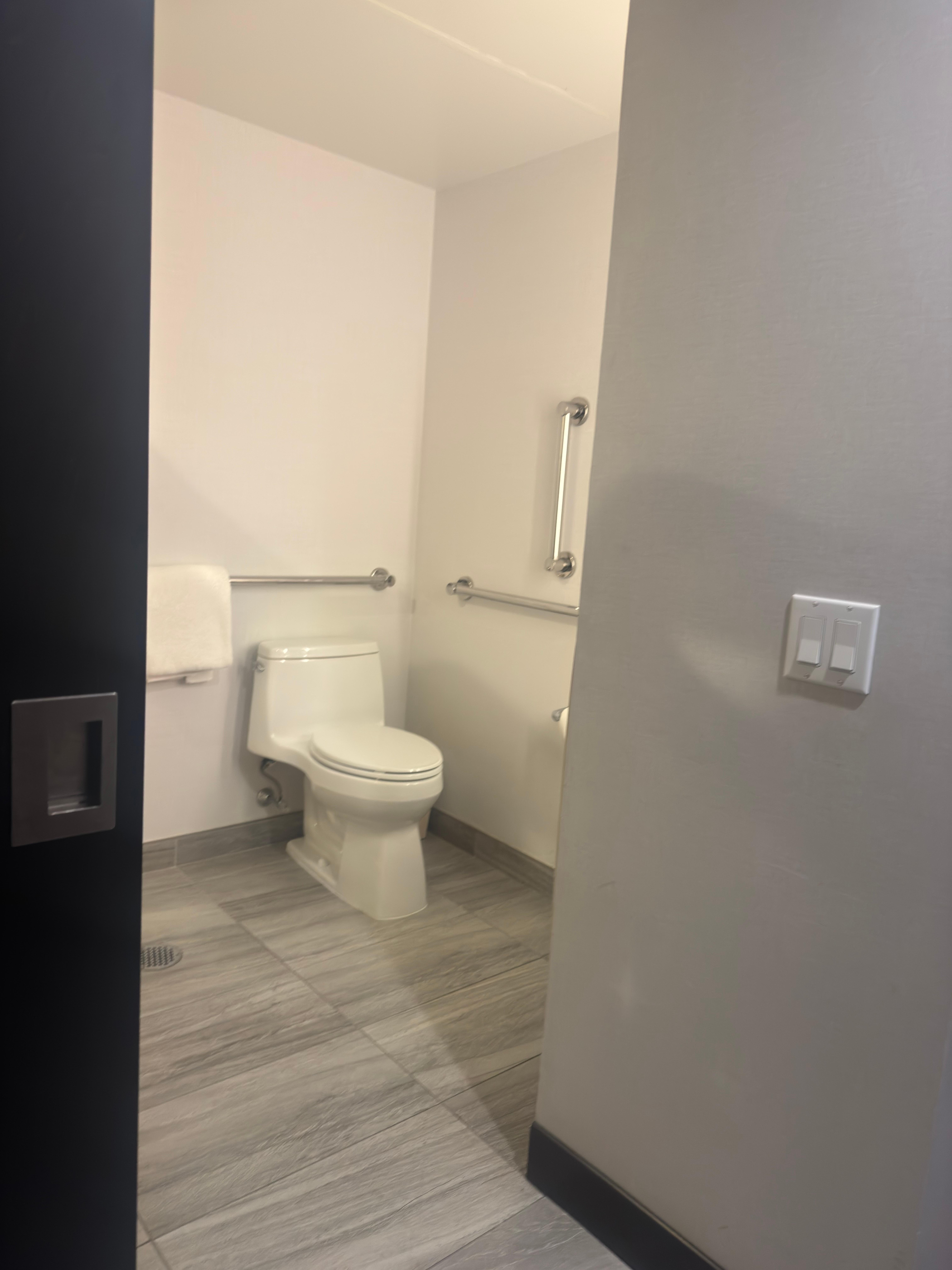 Access grab bars behind and beside toilet. 