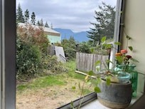 The view of the broken-down fence, as you look out the kitchen window toward the lake.