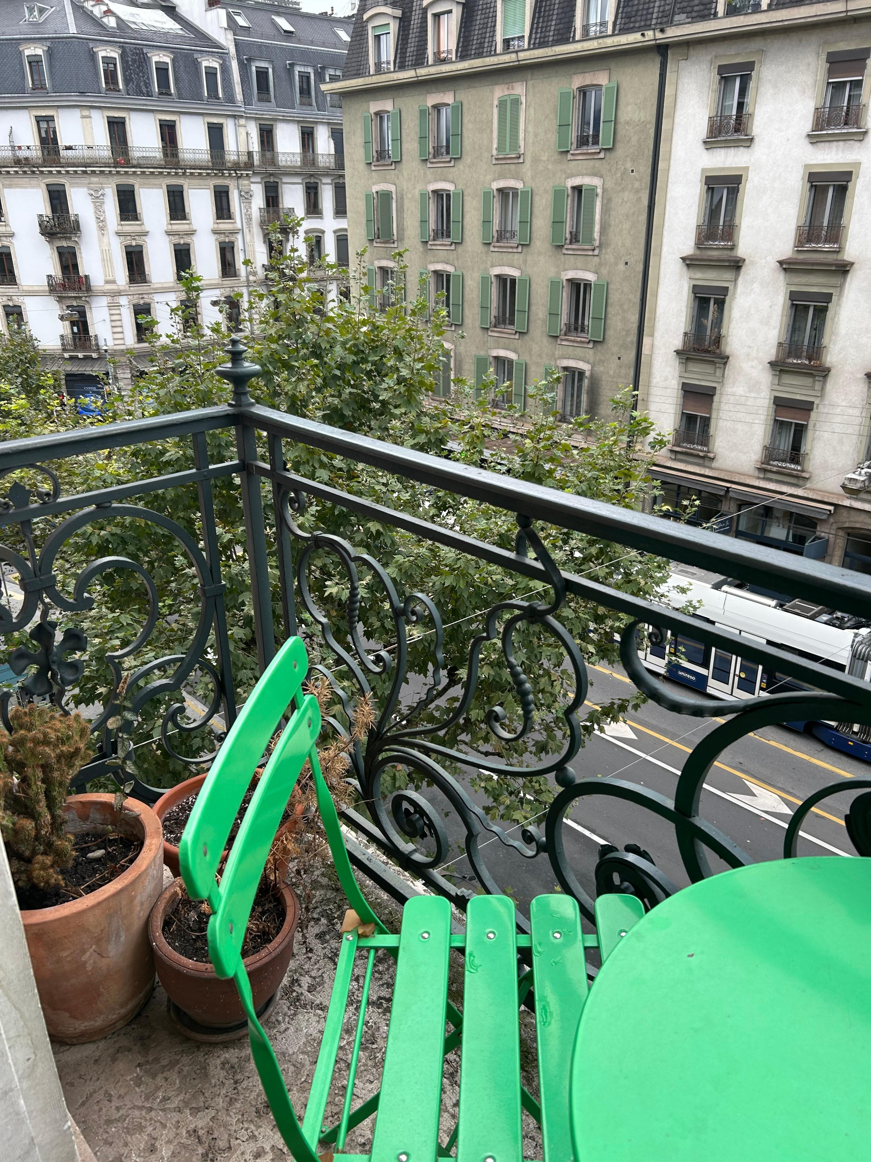 Dead plants on very tiny balcony overlooking busy, noisy street 