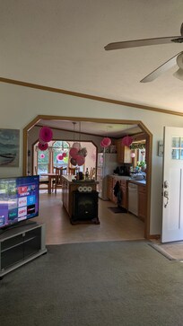Decorated for our daughter-in-law, whose birthday was day before arrival and rarely gets a "surprise" decoration in her honor-used magnets to not harm the home.