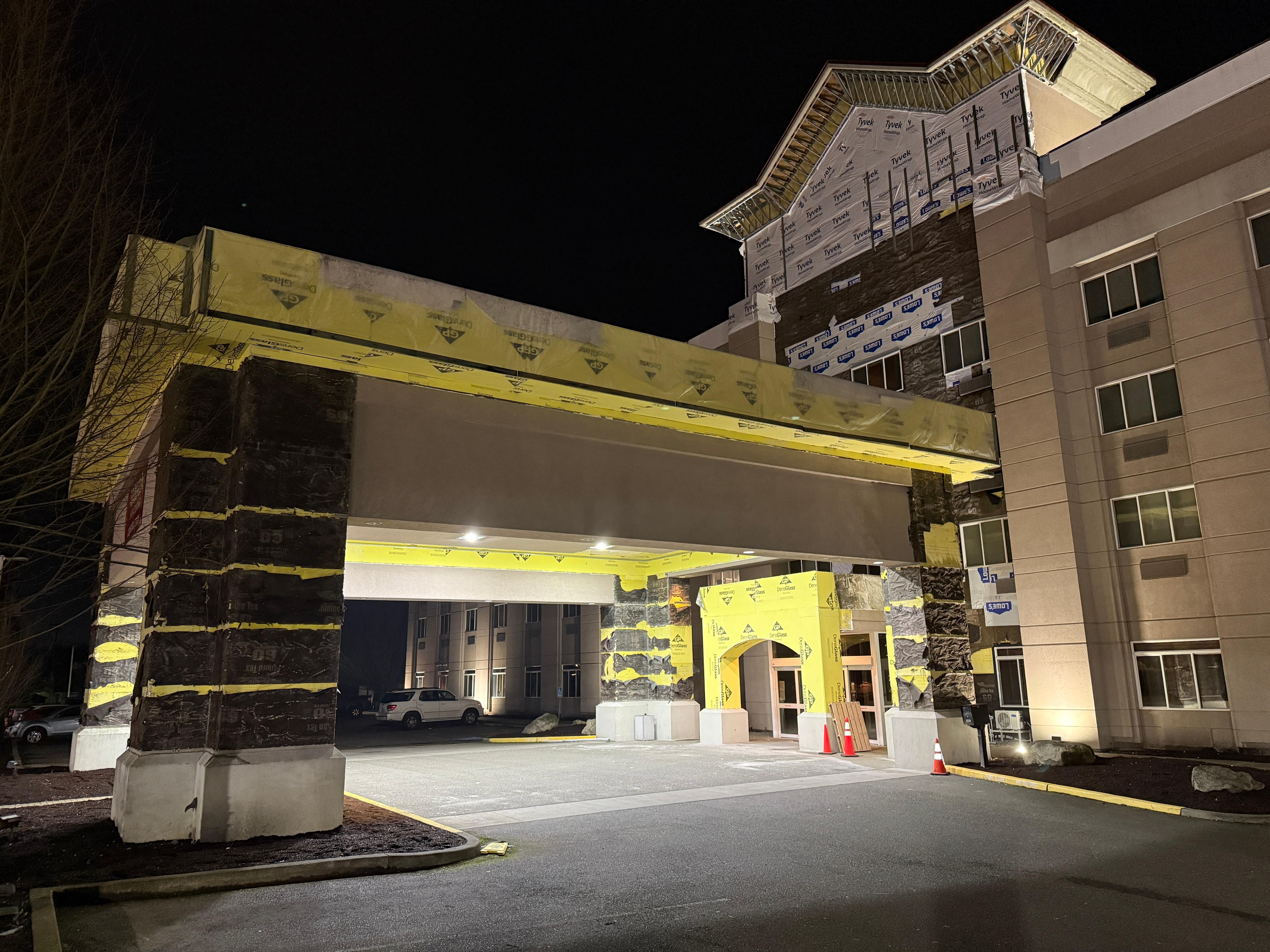 Exterior torn up and lobby closed