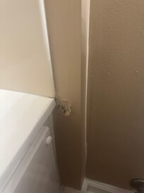 There is a hole in the wall beside the toilet in the hallway bathroom