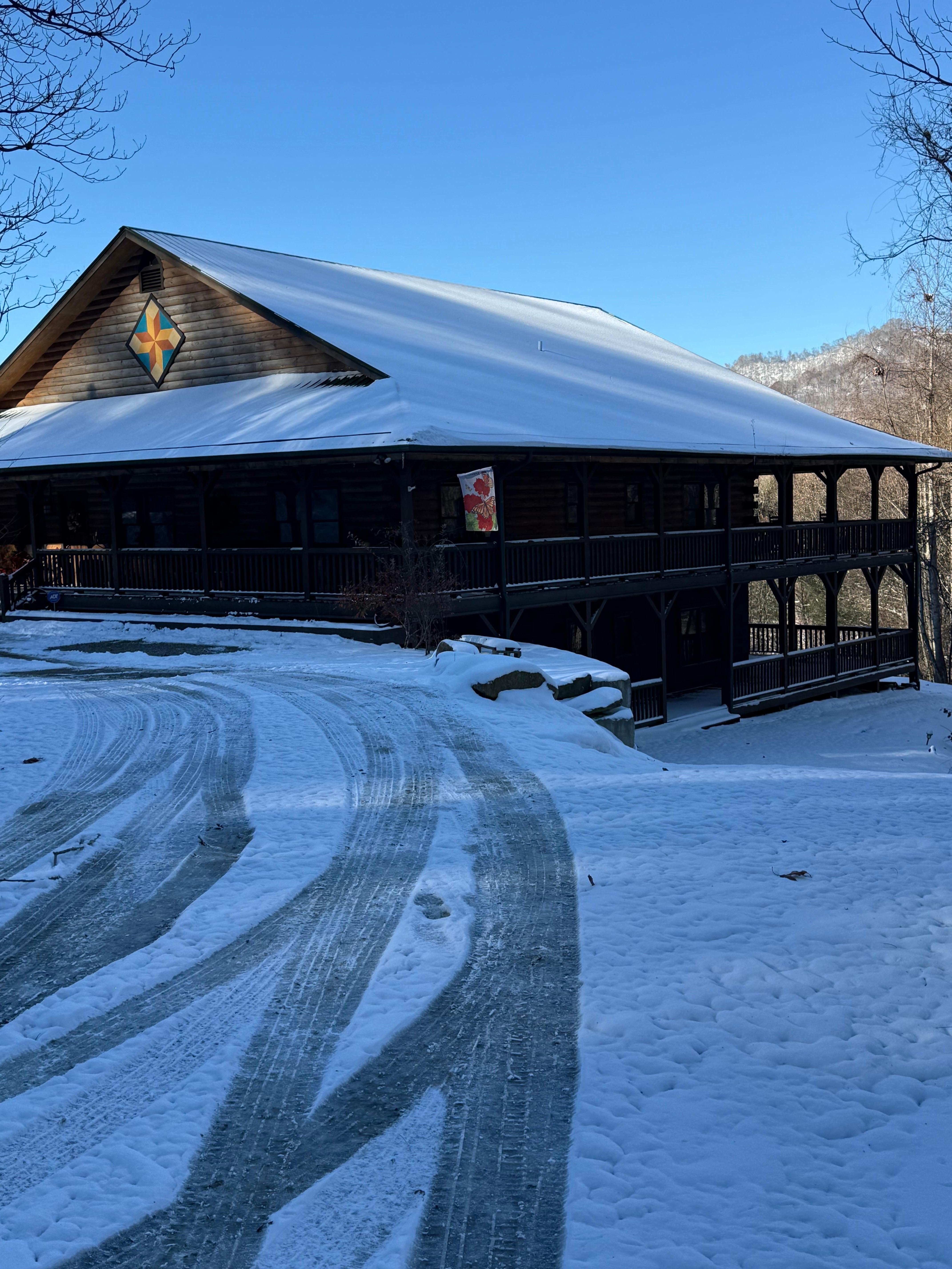 Cabin front after snowfall