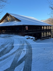 Cabin front after snowfall