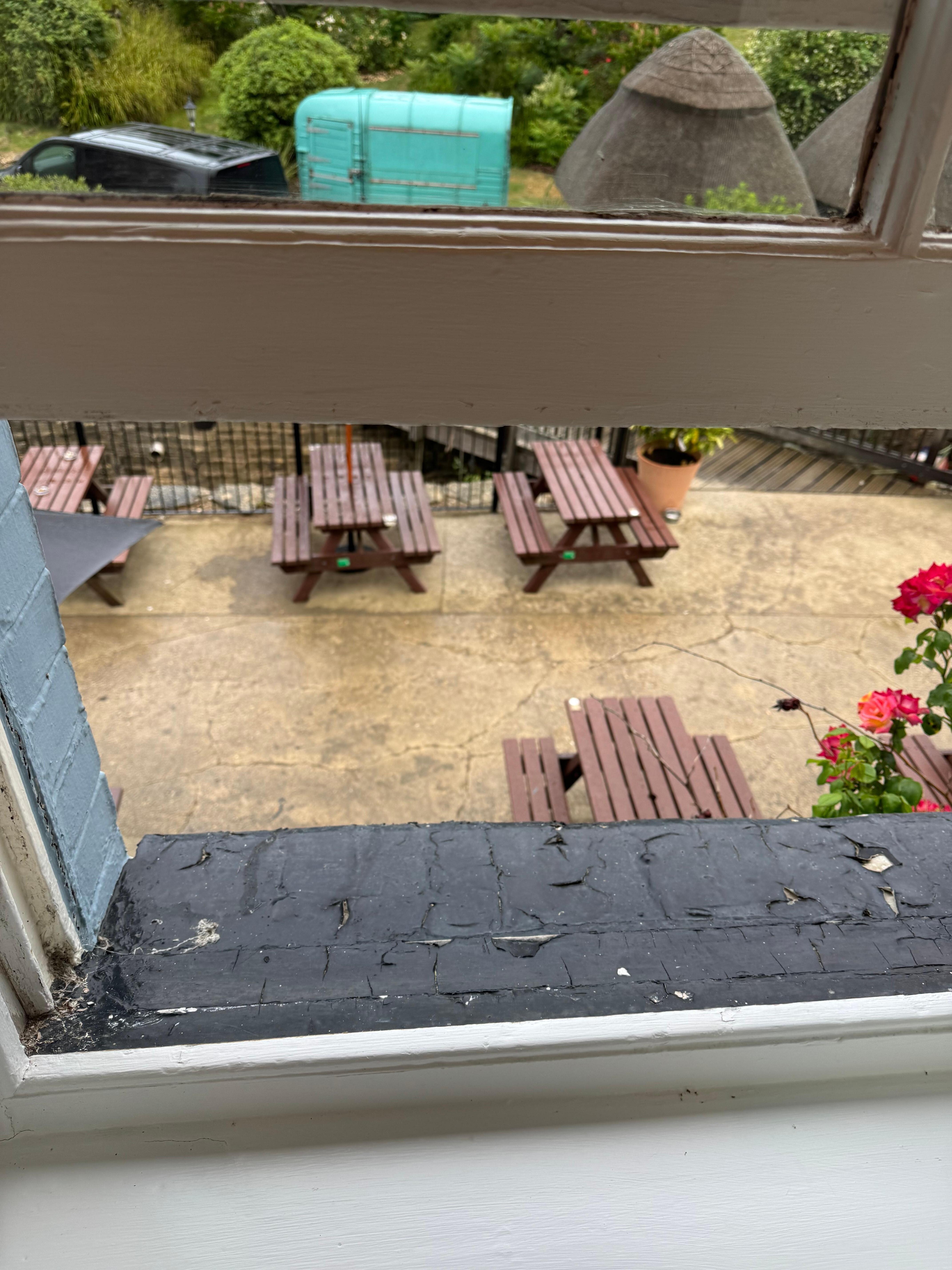 Window above outdoor seating