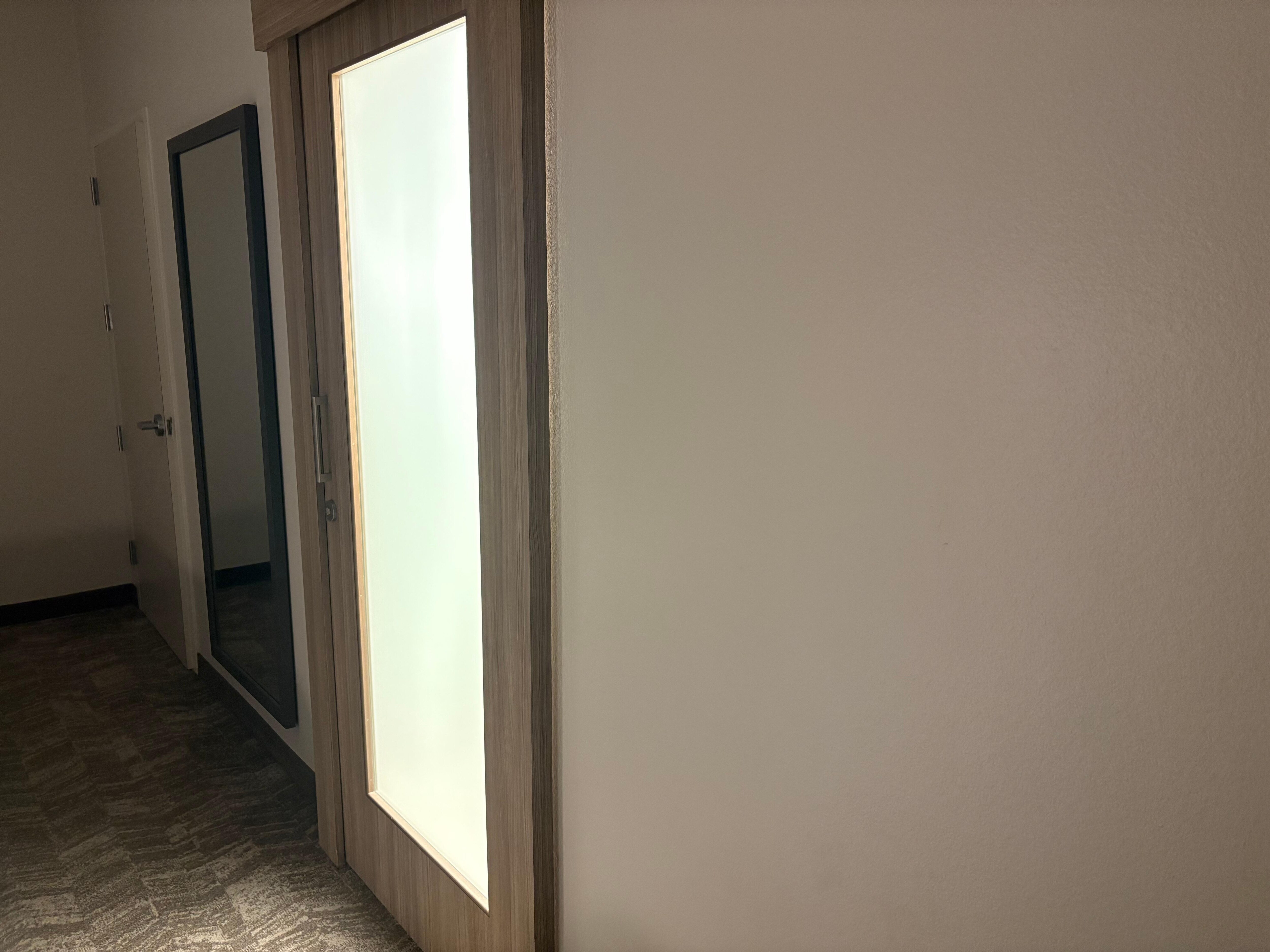 frosted glass door to bathroom - across from beds - and there's no nightlight in room or bathroom