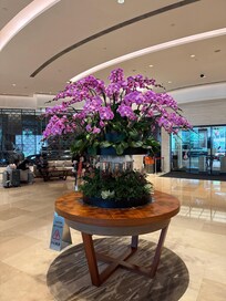 The hotel’s design, from the floral arrangements to the elegant use of wood in the lobby and elevator areas, reflects refined taste and attention to detail