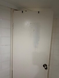 Back of bathroom door. Hooks were rusted and dirty, door was dirty