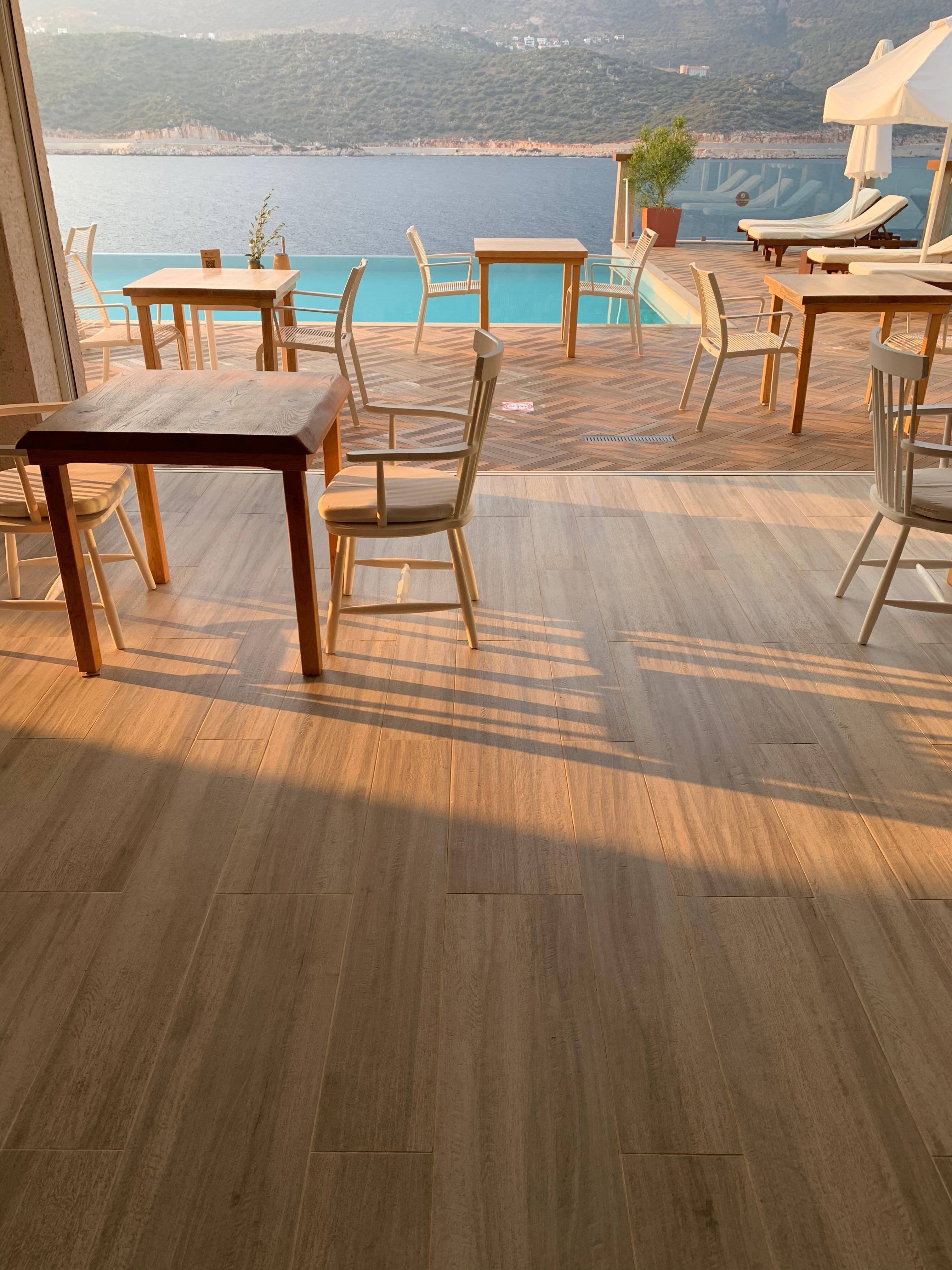 Inside restaurant overlooking pool