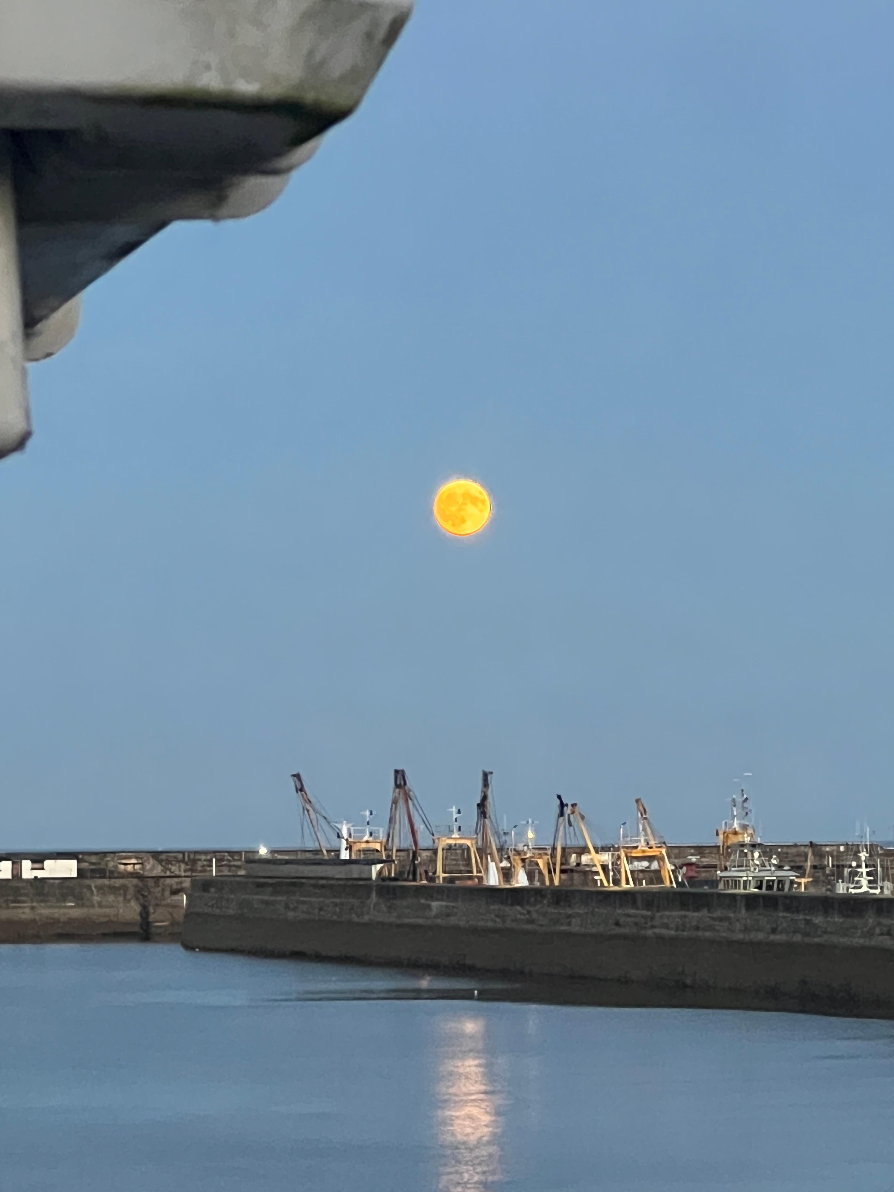 Moon over Newlyn harbour from the Basket Loft balcony