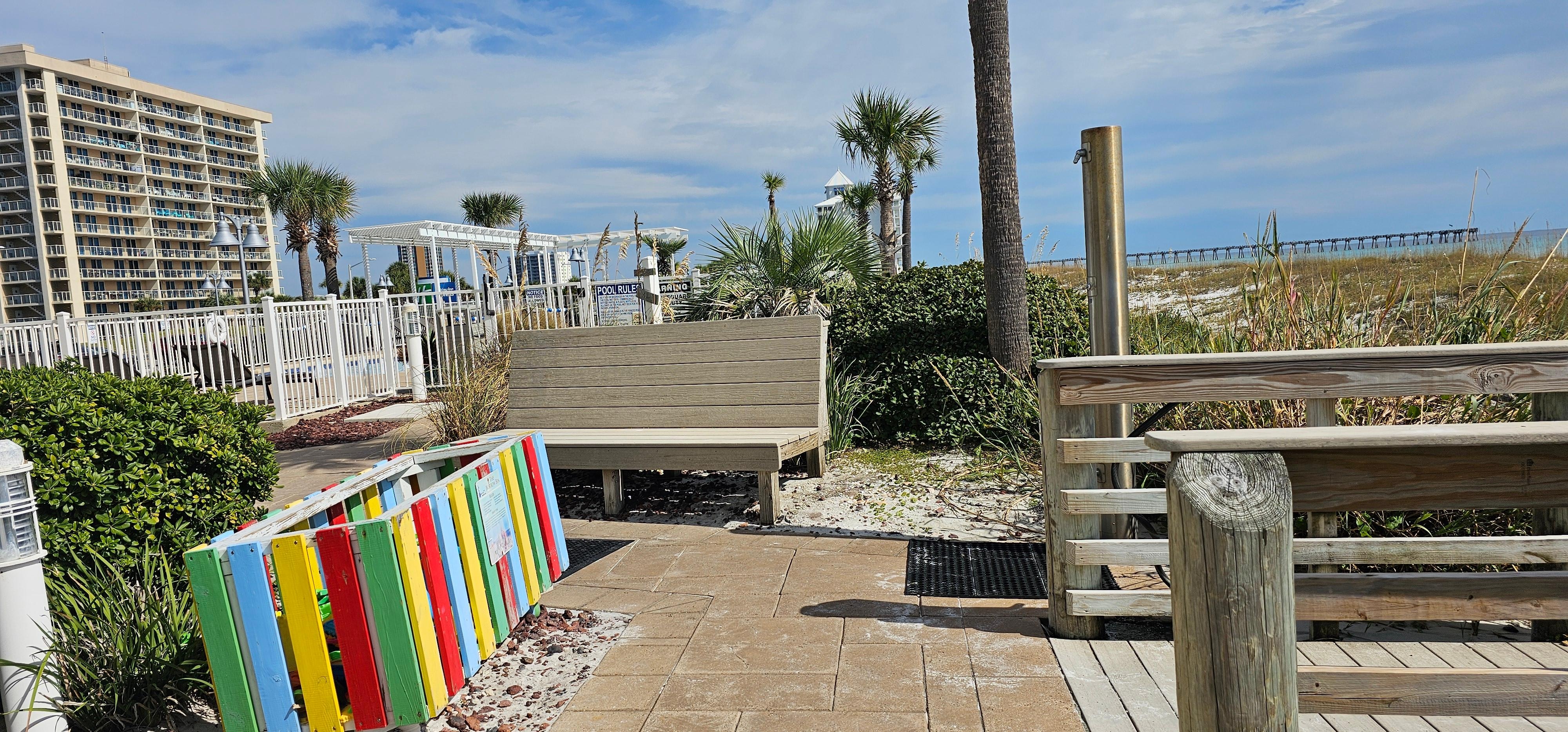 The sand toys donations box and outside leg and head shower.