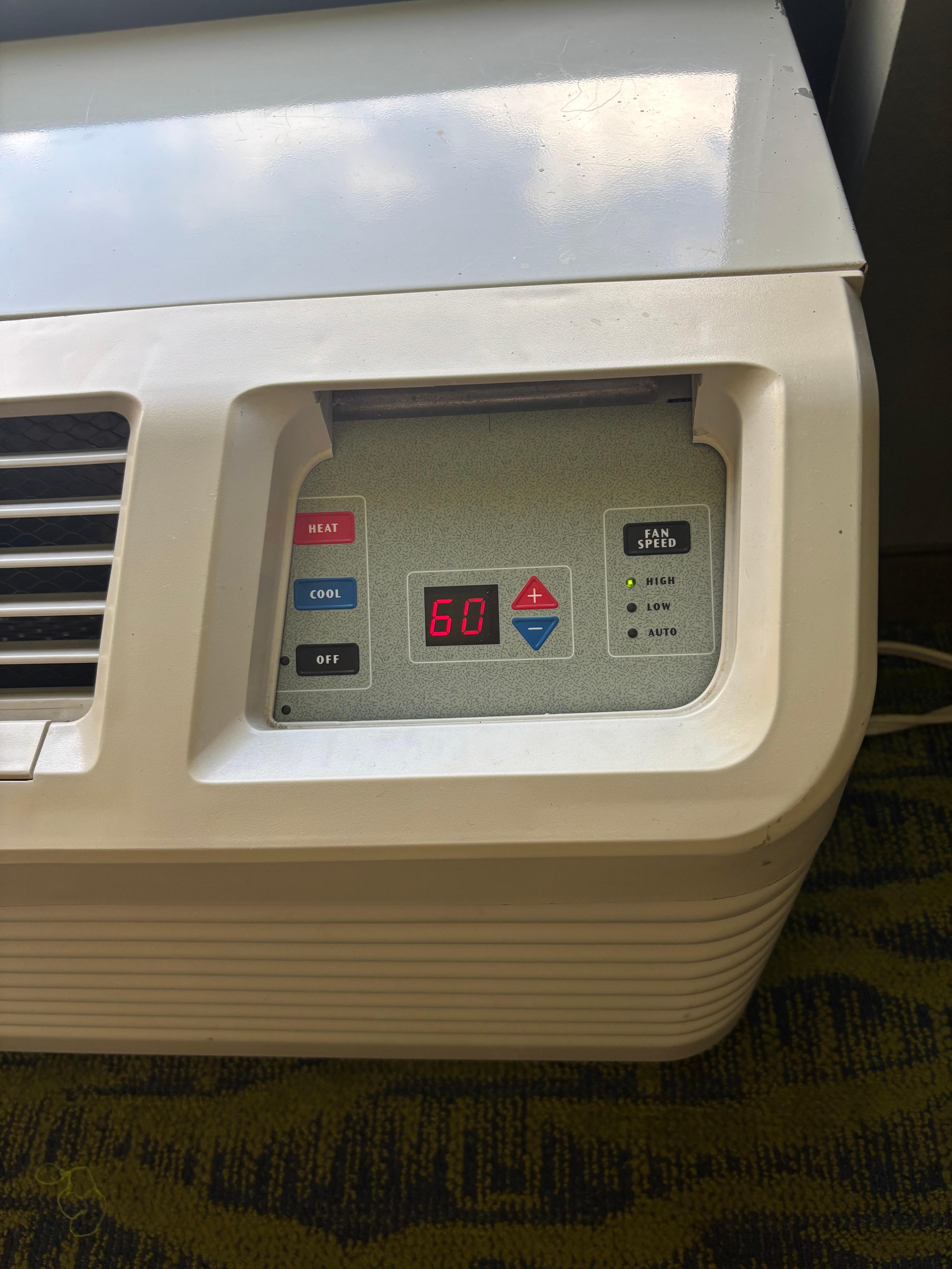 AC was on 60 (lowest temp) for two days in the room stayed at 80° day and night.