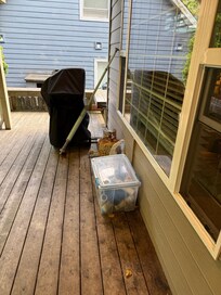 Chemicals and hot tub parts left in the open on the deck