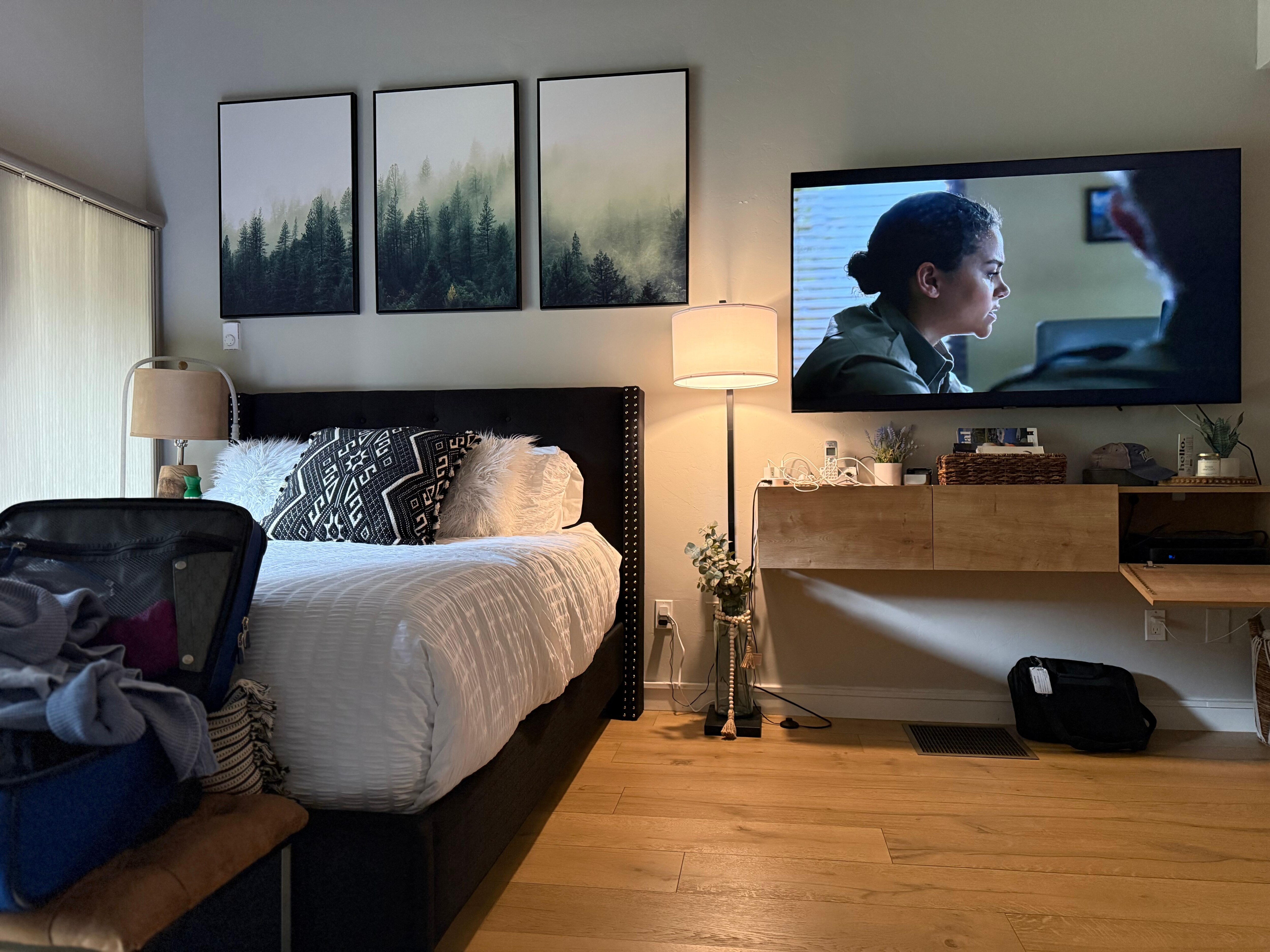 Comfy bed with view and big TV 