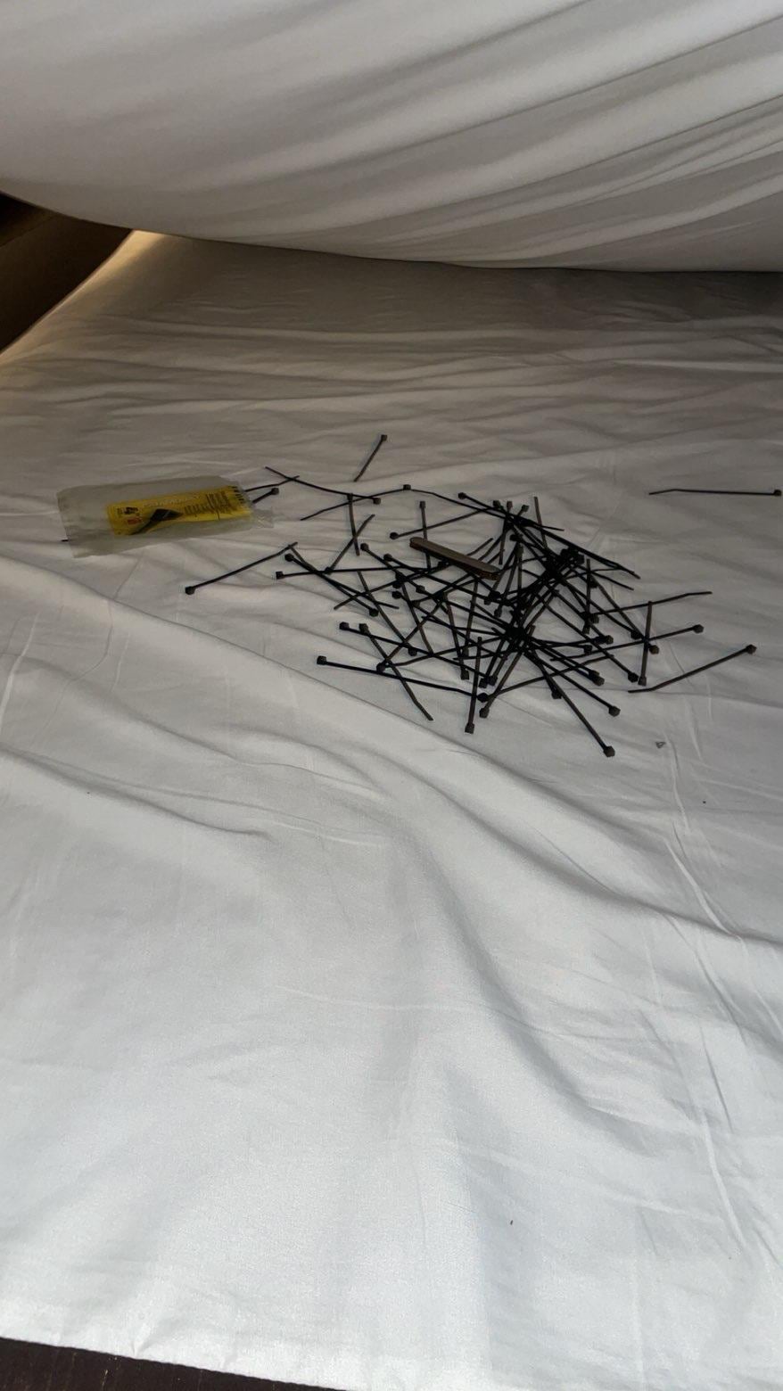 Literally what we found under our bed (zip ties and a pocket knife)