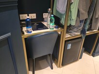 Desk? A chair pulled up beside the mini-frig, in the closet...