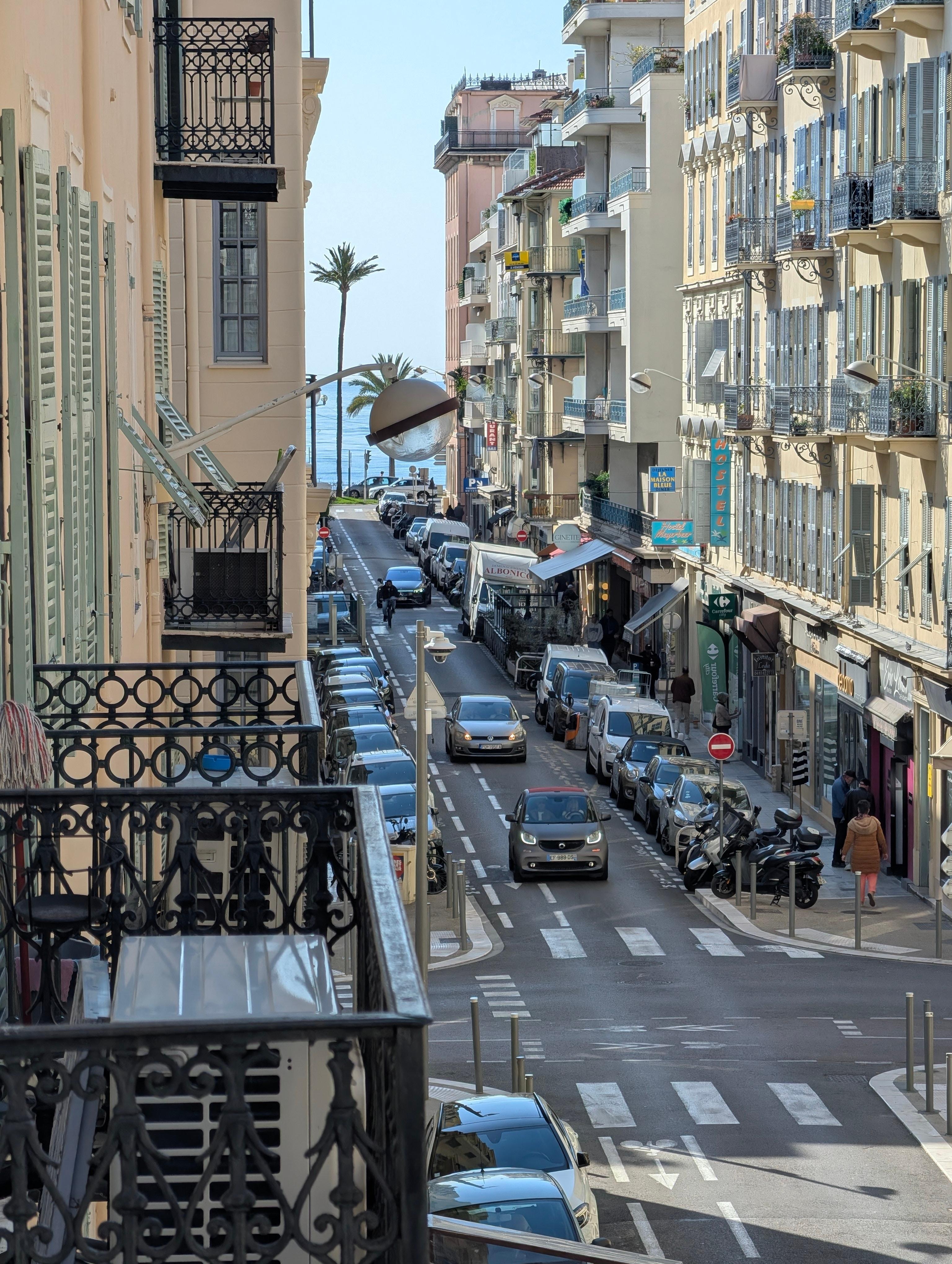 Looking down the street from the living room balcony.