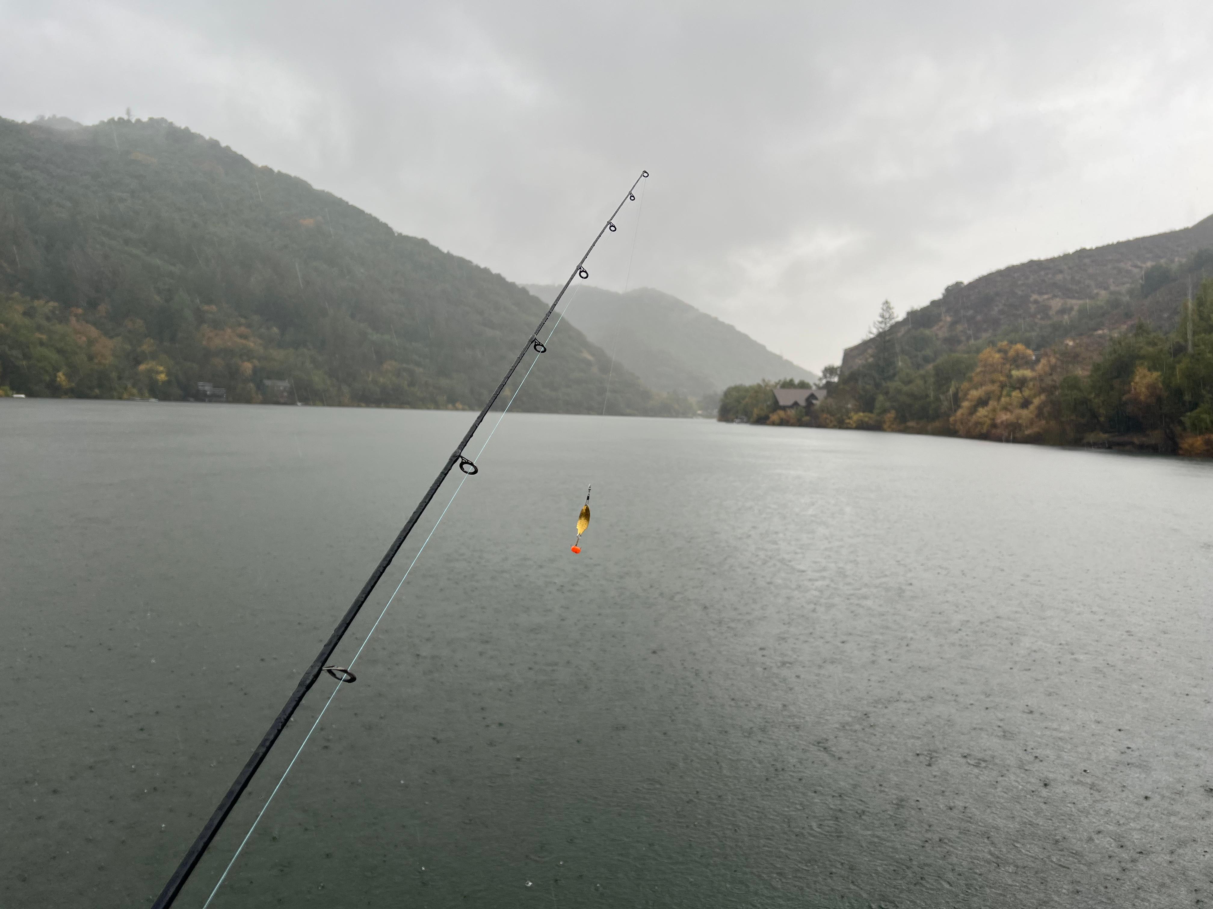 Fishing on a rainy day with beautiful view