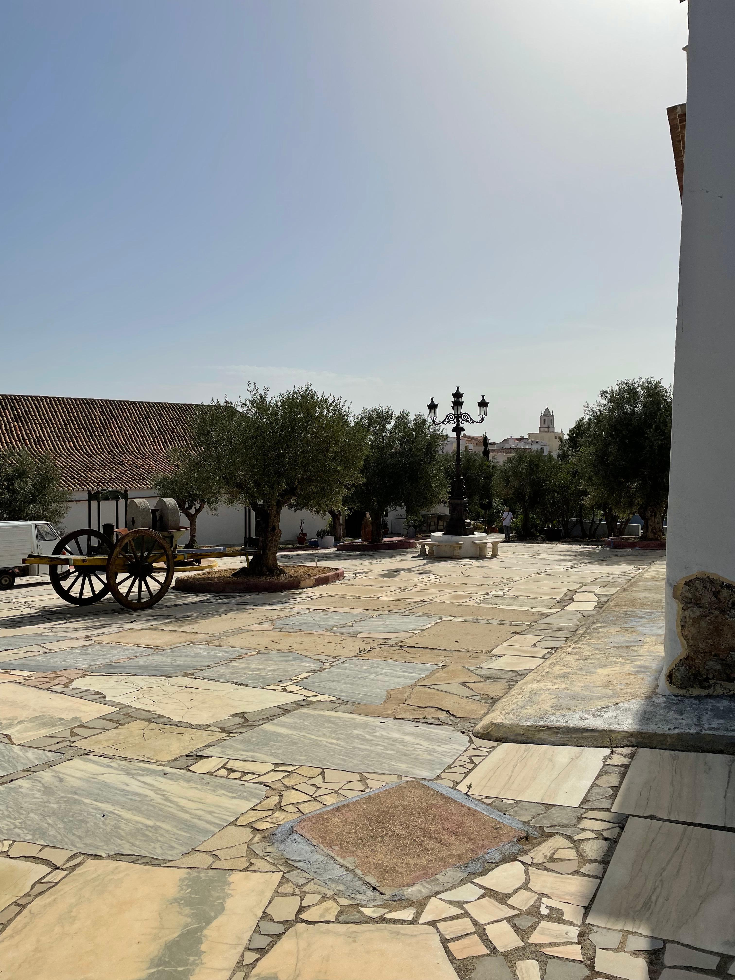 Old olive cart in a courtyard.