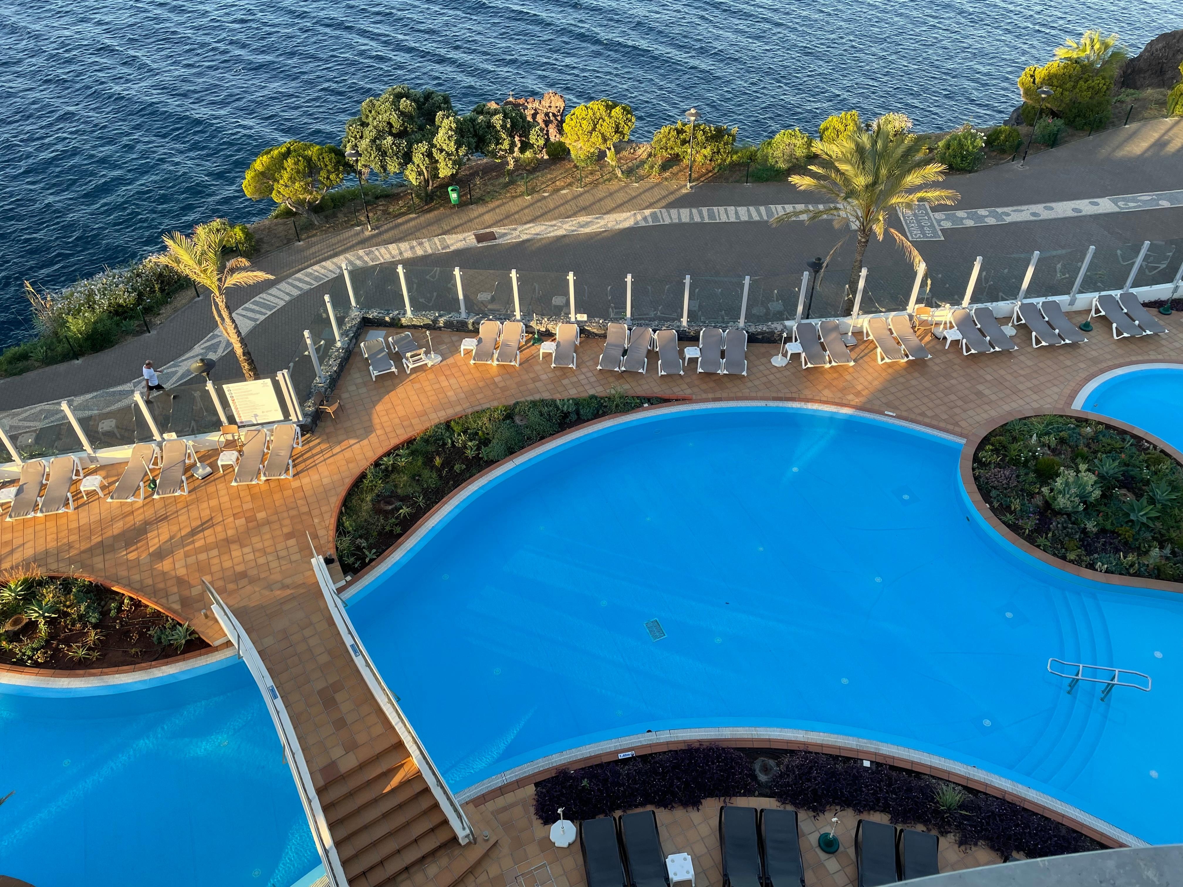 View from room to outdoor pools.