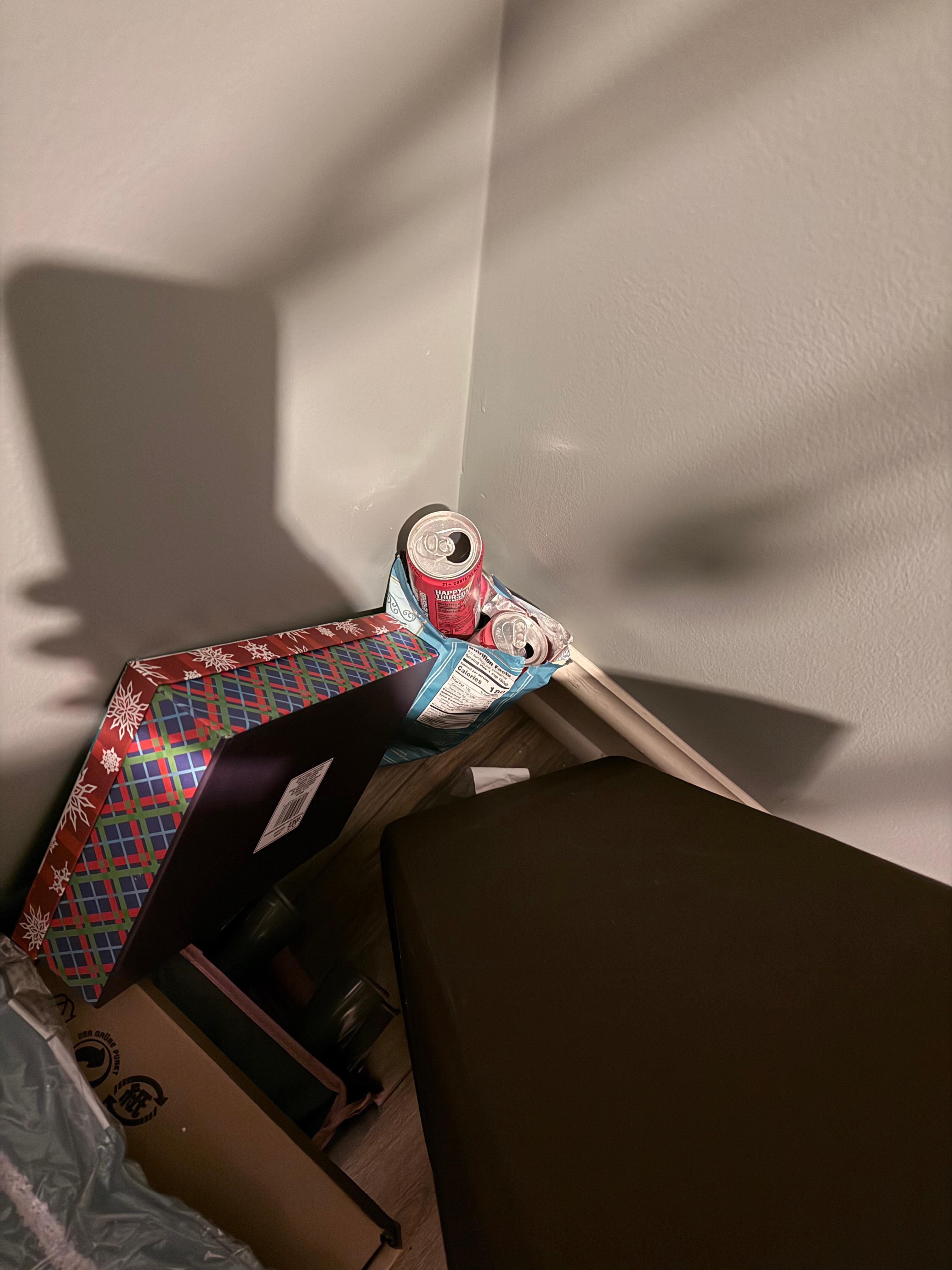 Trash behind some boxes in the closet 