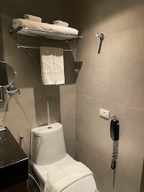 トイレも清潔。注意書きがないためペーパーは流して大丈夫そう。タオルは3種類!電話は室内に2つあります。