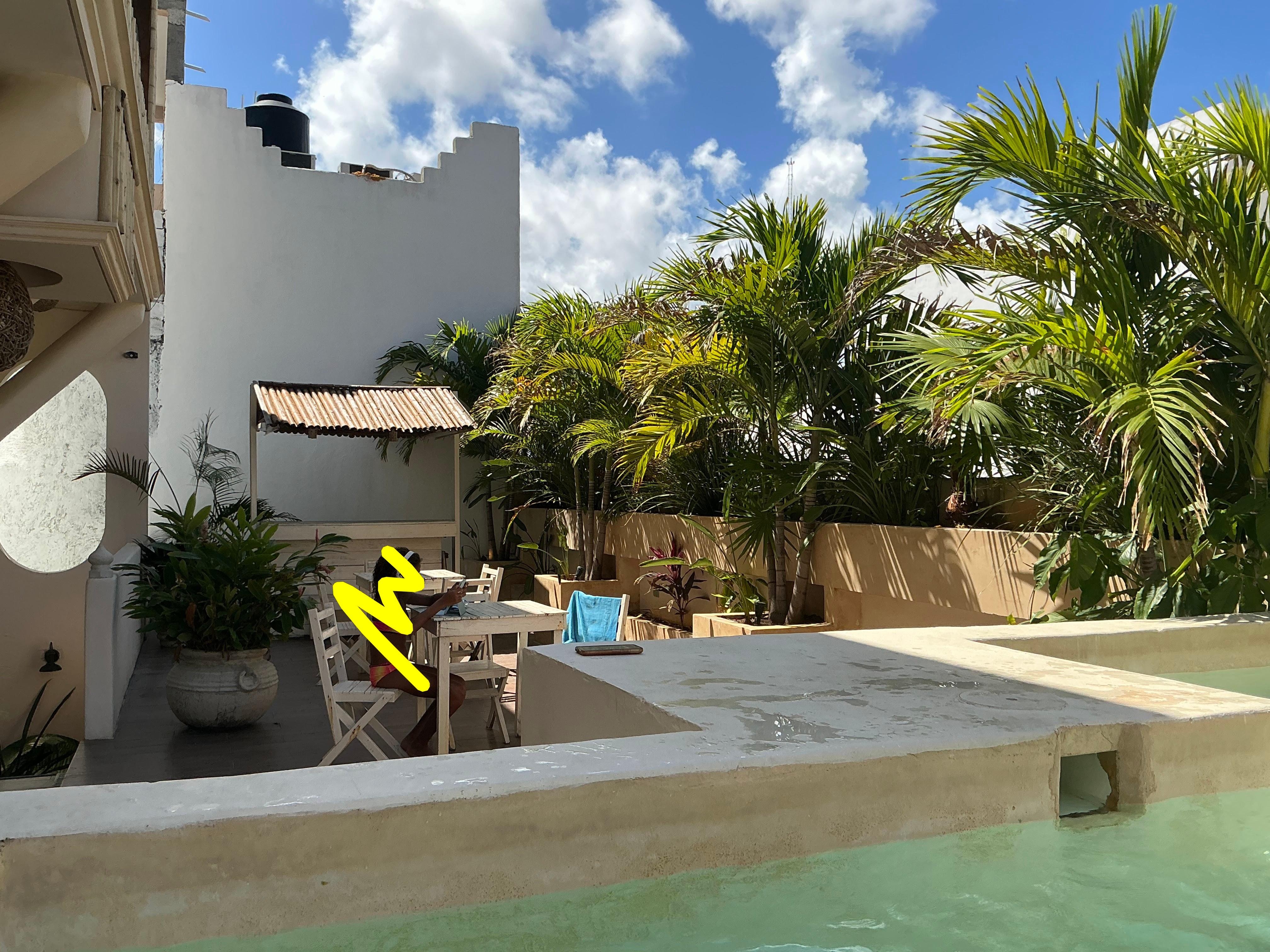 Bel espace extérieur peu utilisé. La chambre 1 a une porte patio donnant directement à cet endroit. En direct de la piscine jacuzzi.