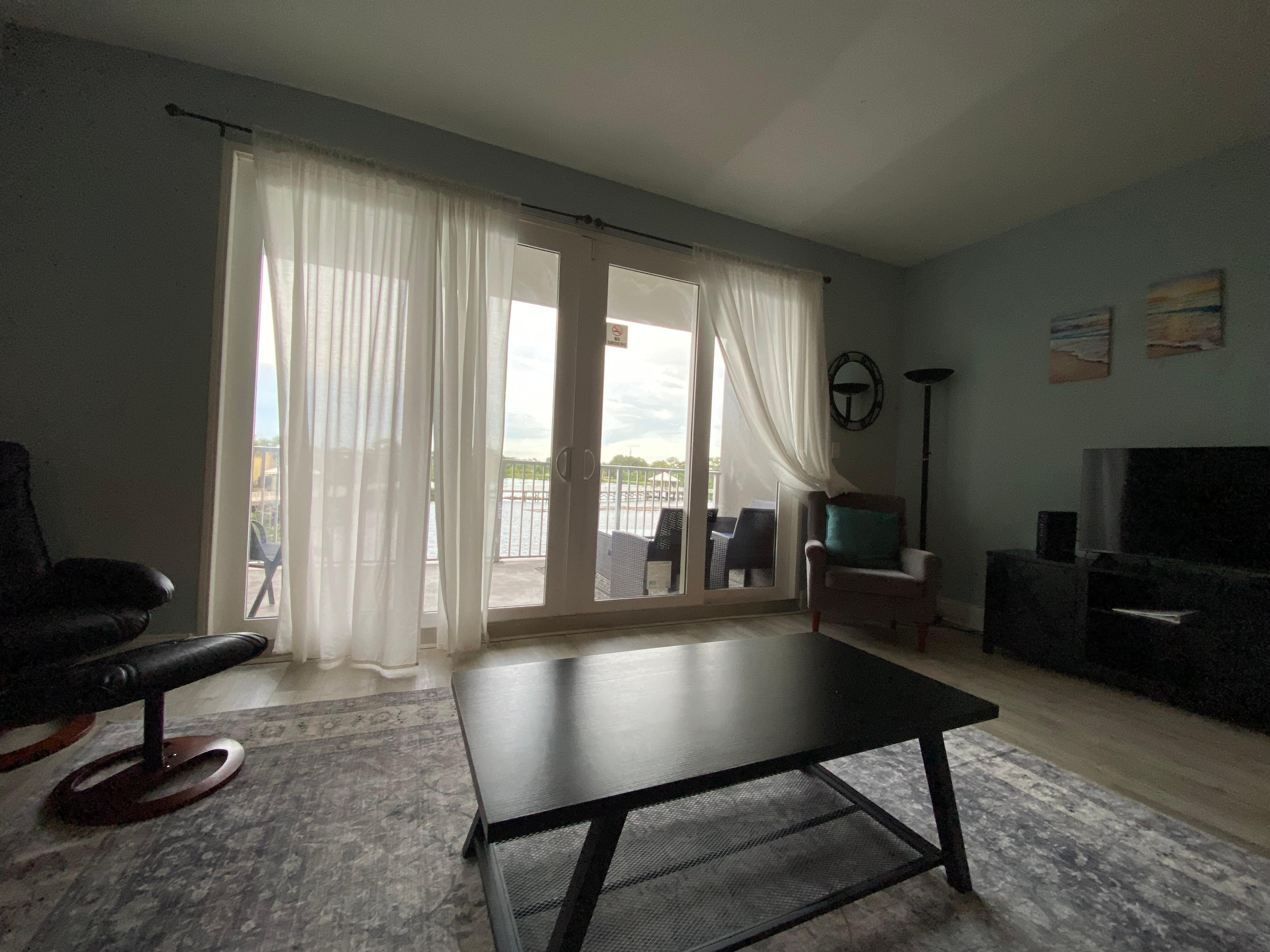 Nice room set up; curtains a little dirty.