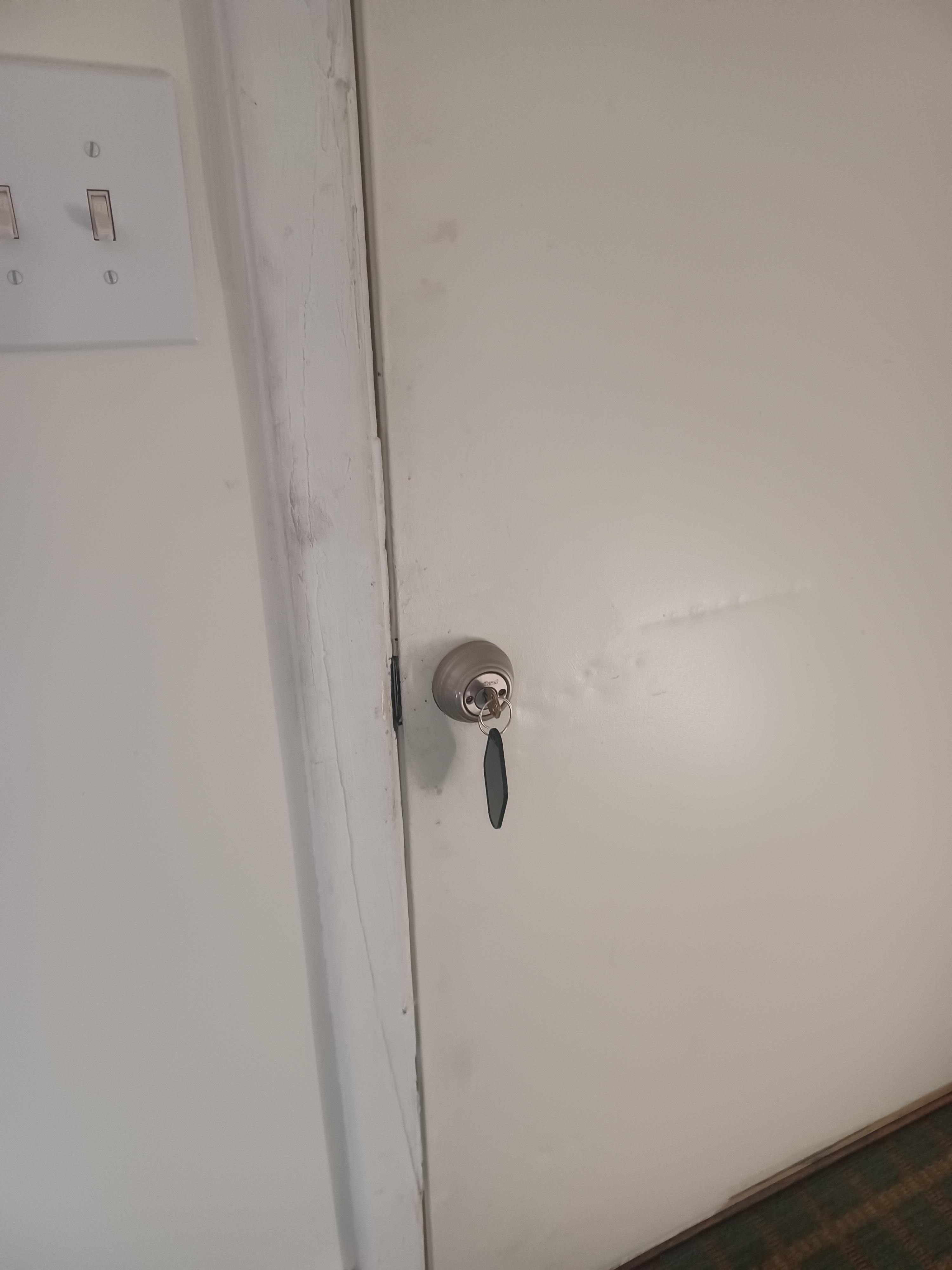 Had to use the one and only key to open the door from inside and out. The key. No door knob.