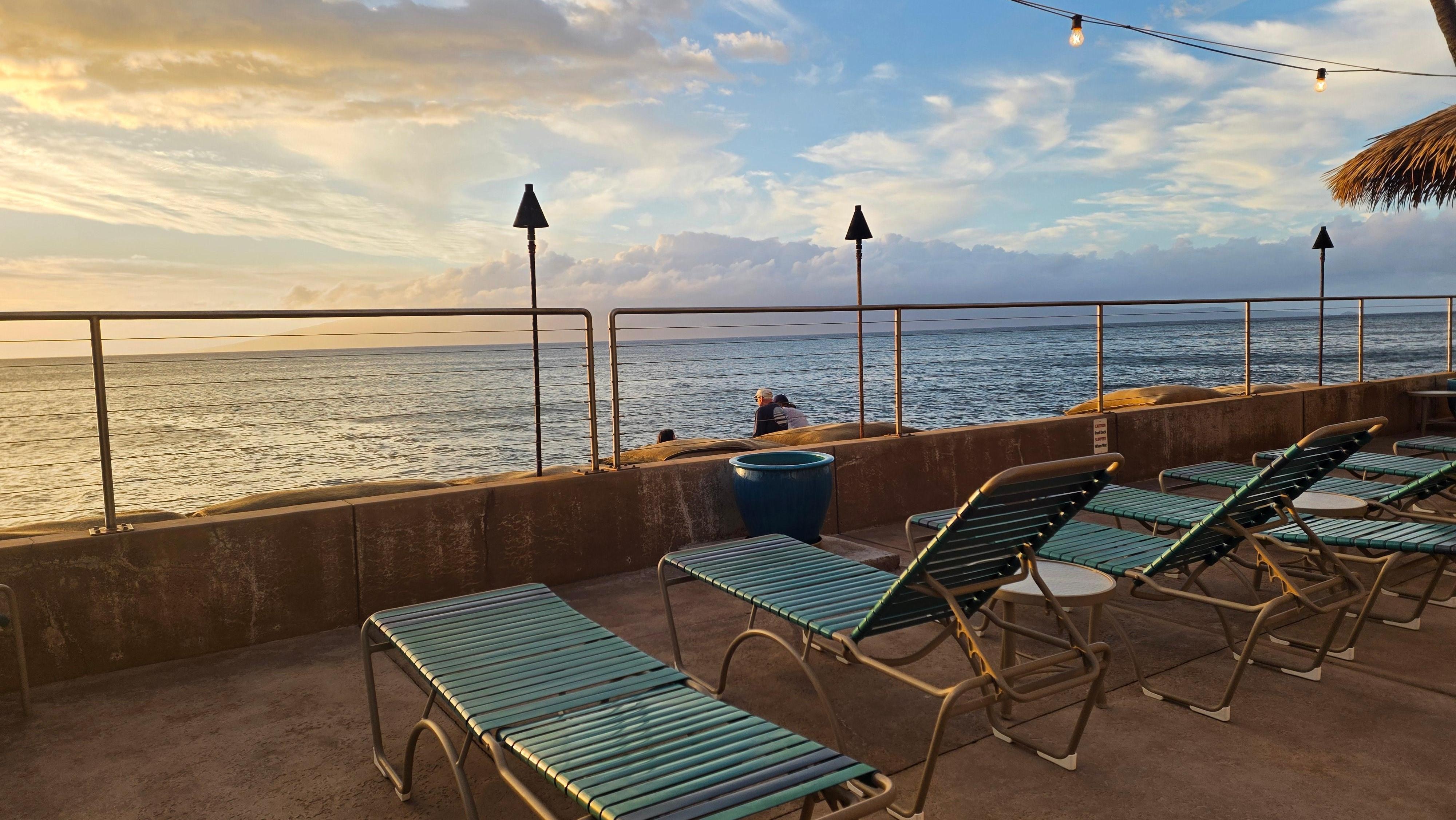 The pool deck goes to the very front of the property.