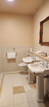Spacious bathroom, included a walk-in glass walled shower and a large separate tub.