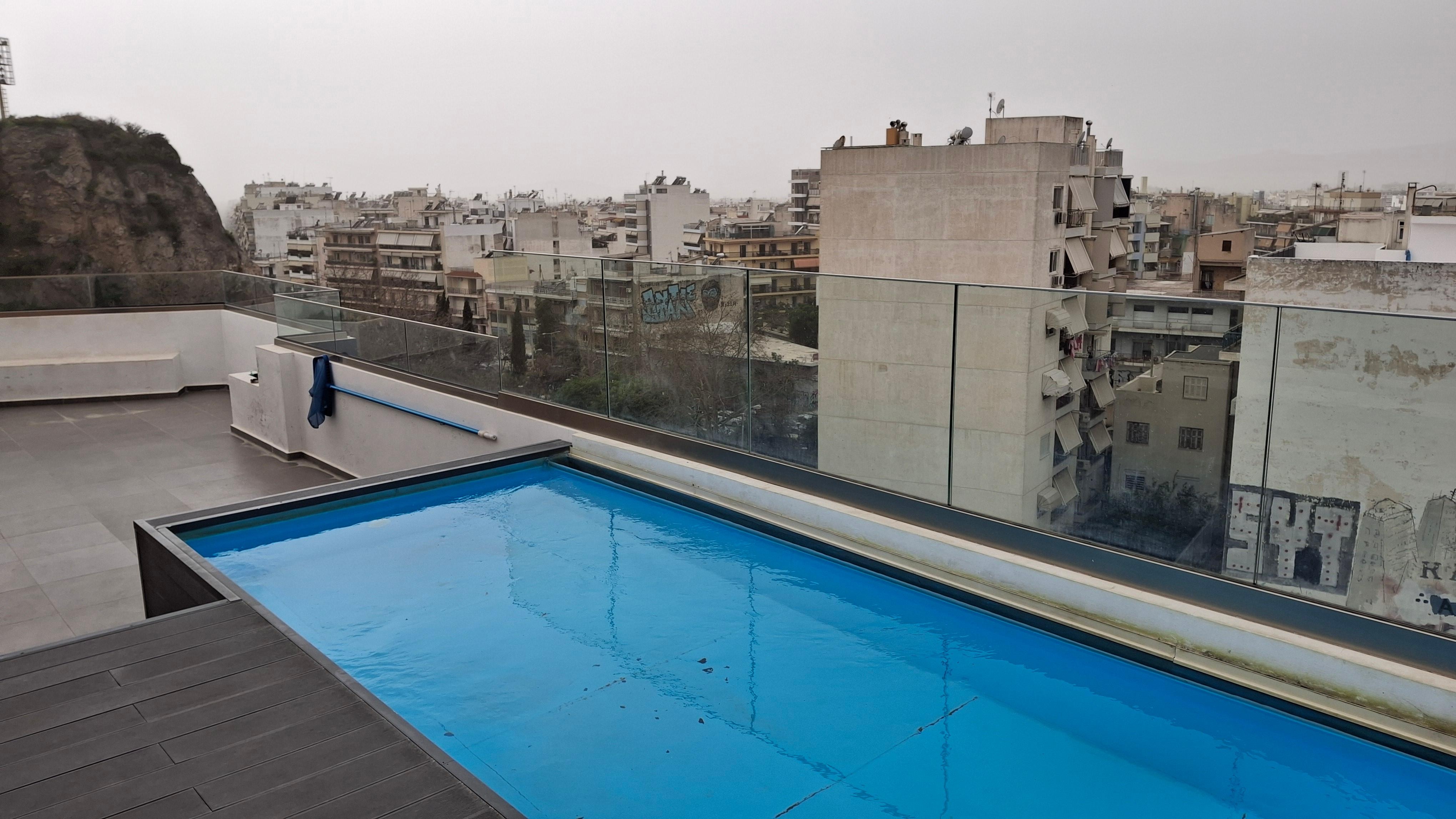 'Pool' was closed (even though full of water and uncovered) but tiny. Waist height water. No seating on roof top available when we stayed. (February)