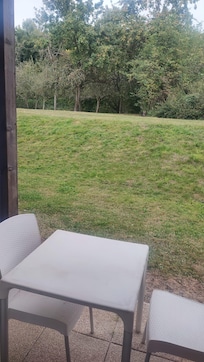 Vue de notre terrasse, attention si vous avez un chien, les terrasses sont ouvertes sur le parc