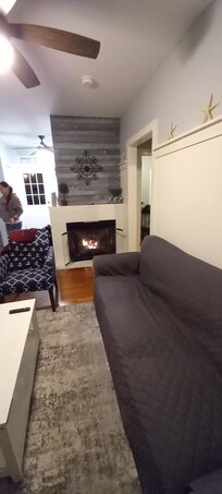 Living room with working fireplace