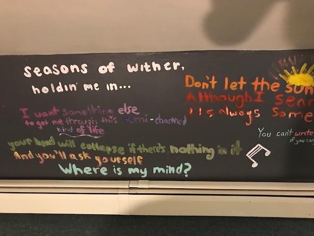 Teenage chalkboard angst around entire "room" in attic